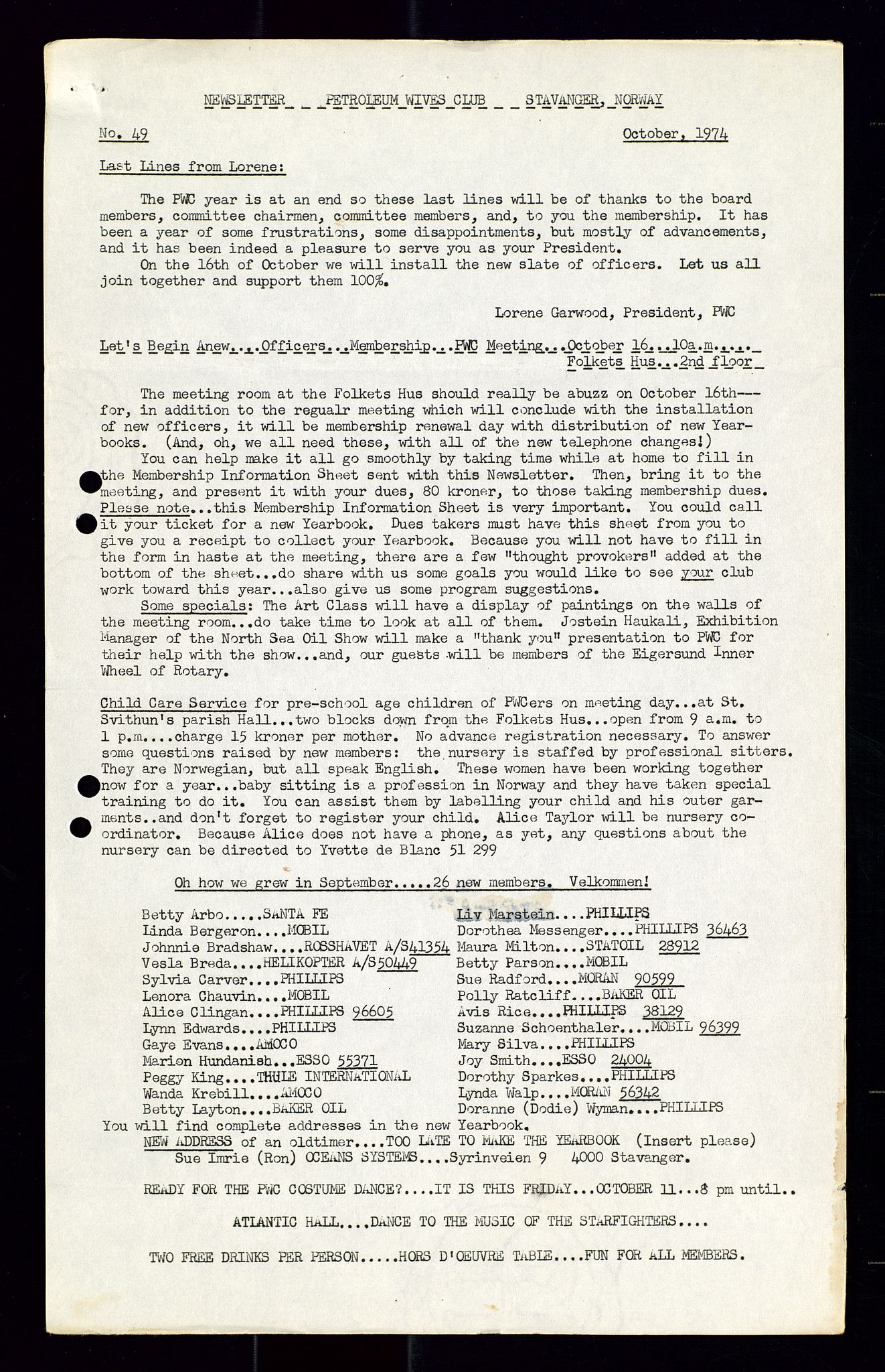 PA 1547 - Petroleum Wives Club, AV/SAST-A-101974/X/Xa/L0001: Newsletters (1971-1978)/radiointervjuer på kasett (1989-1992), 1970-1978