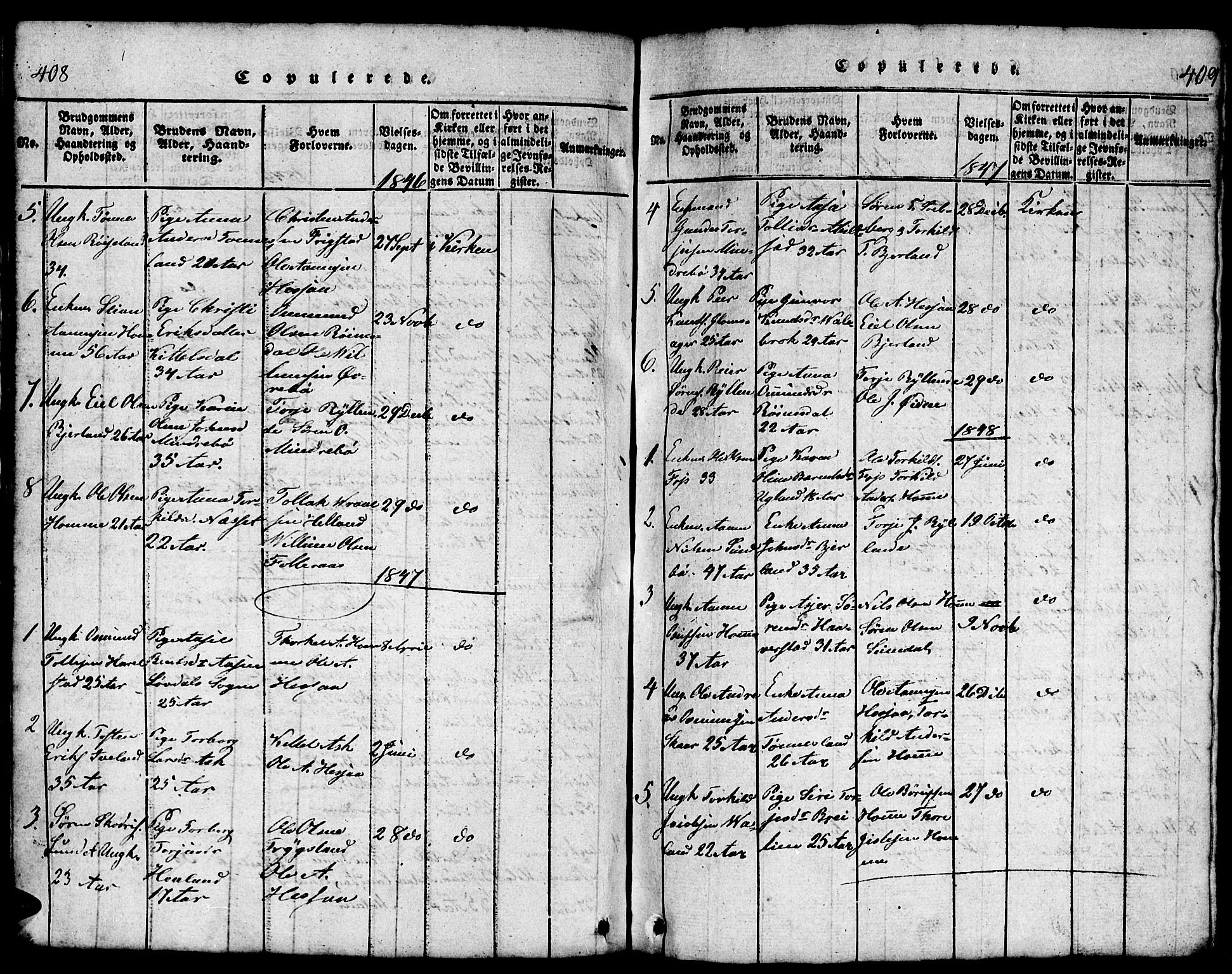 Bjelland sokneprestkontor, SAK/1111-0005/F/Fb/Fba/L0003: Parish register (copy) no. B 3, 1816-1870, p. 408-409