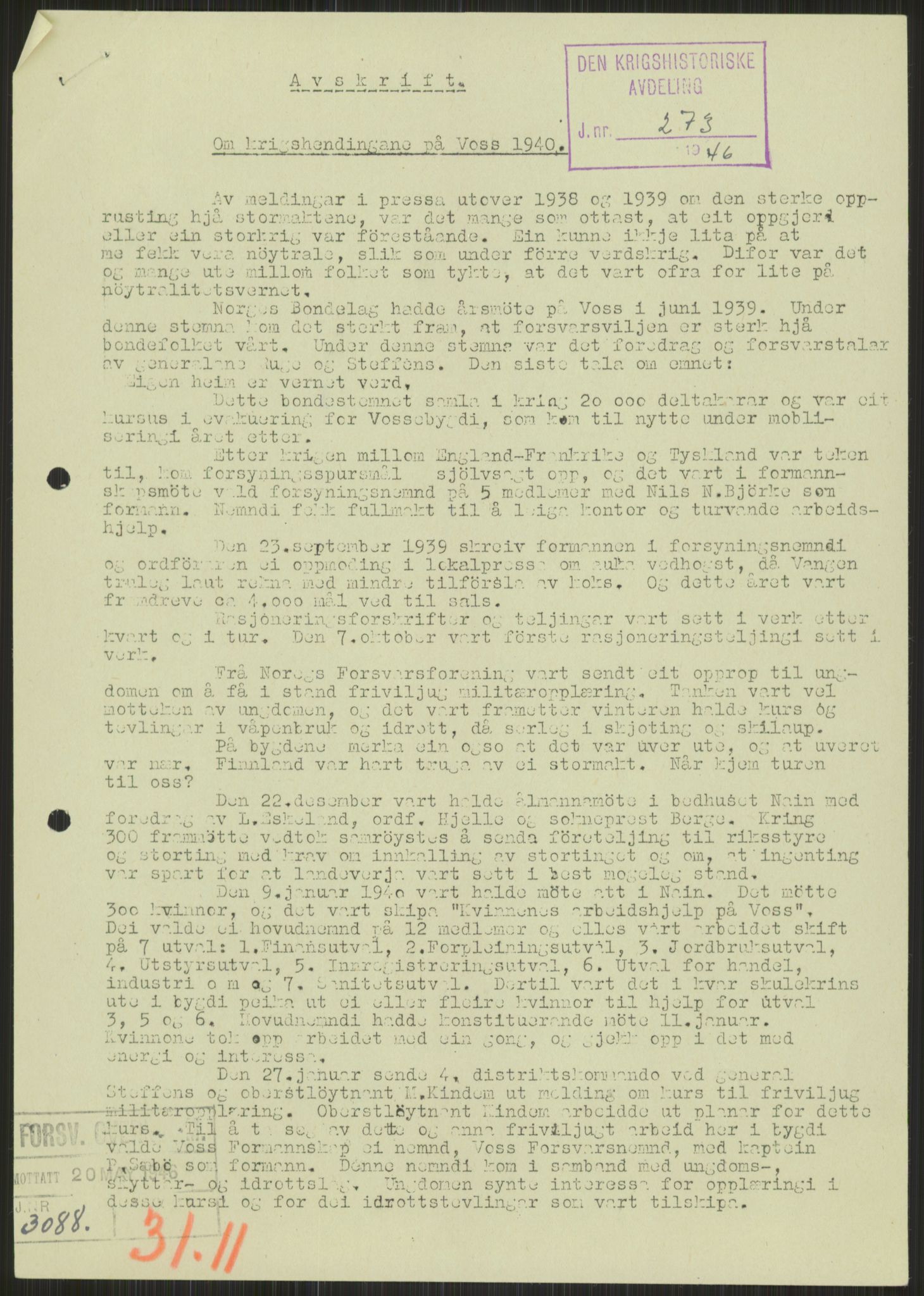 Forsvaret, Forsvarets krigshistoriske avdeling, AV/RA-RAFA-2017/Y/Ya/L0015: II-C-11-31 - Fylkesmenn.  Rapporter om krigsbegivenhetene 1940., 1940, p. 458