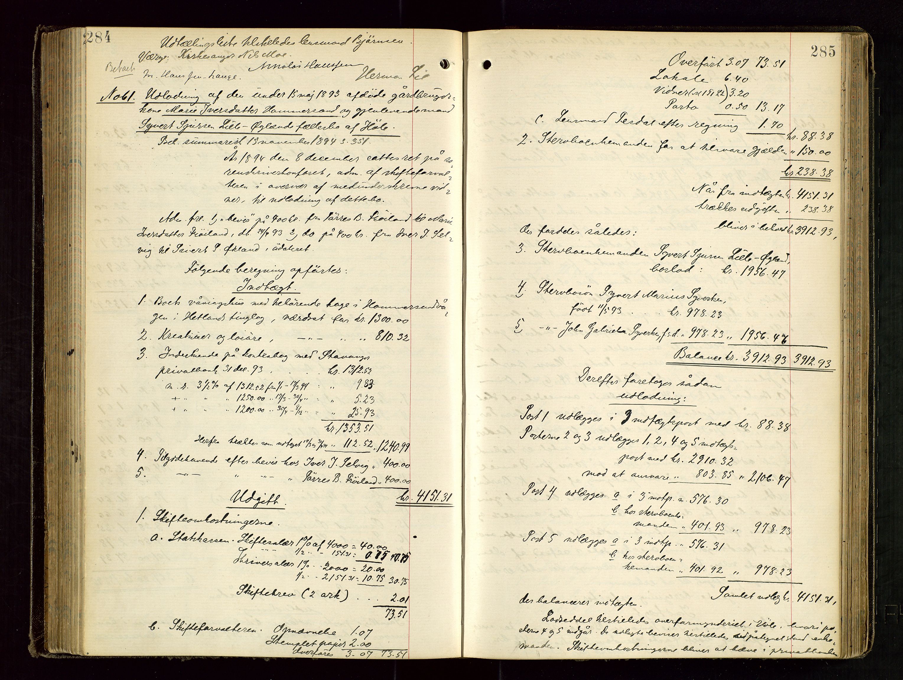 Ryfylke tingrett, AV/SAST-A-100055/001/IV/IVD/L0029: Skifteprotokoll, register i protokollen, 1893-1897, p. 284-285