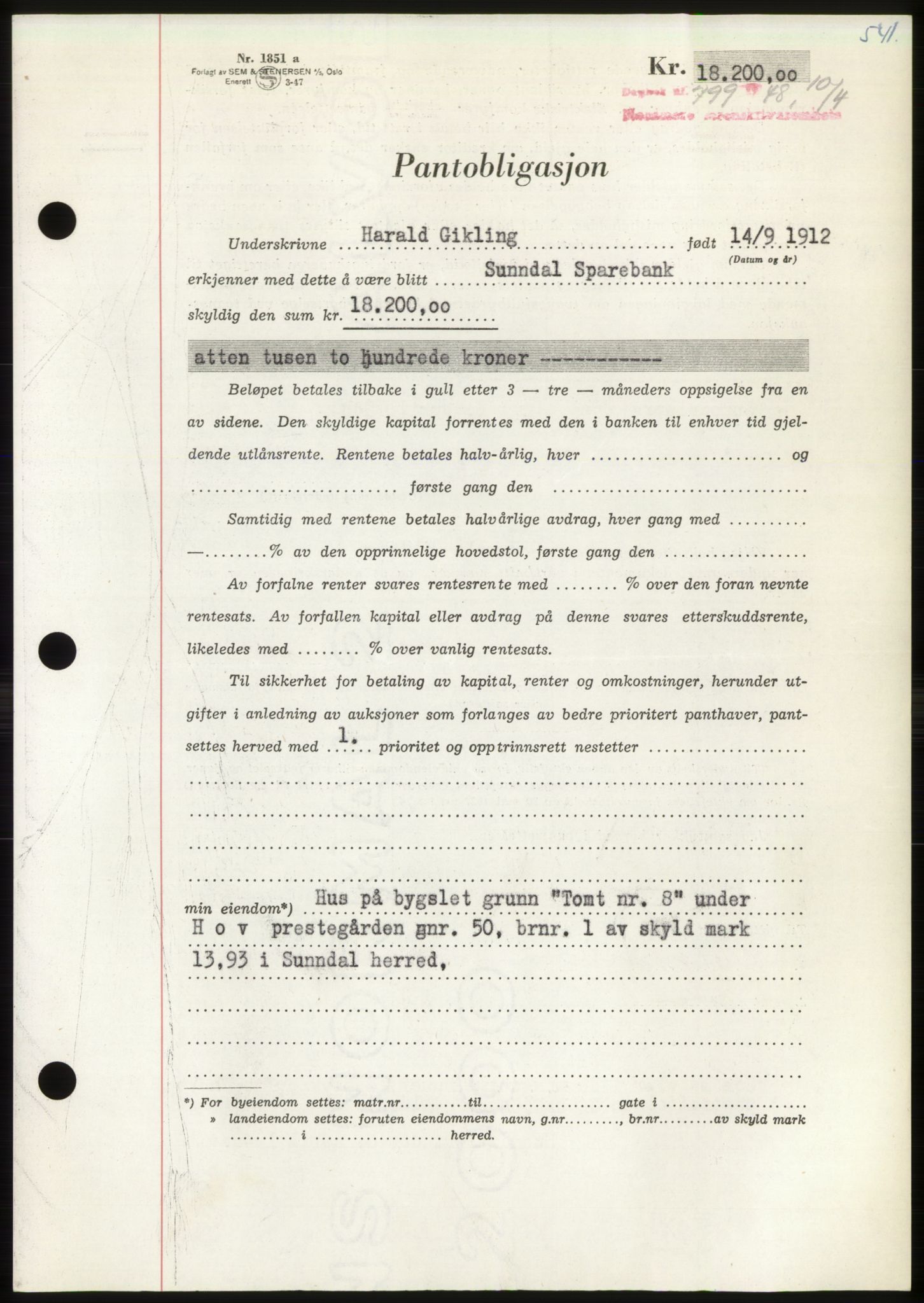 Nordmøre sorenskriveri, AV/SAT-A-4132/1/2/2Ca: Mortgage book no. B98, 1948-1948, Diary no: : 799/1948