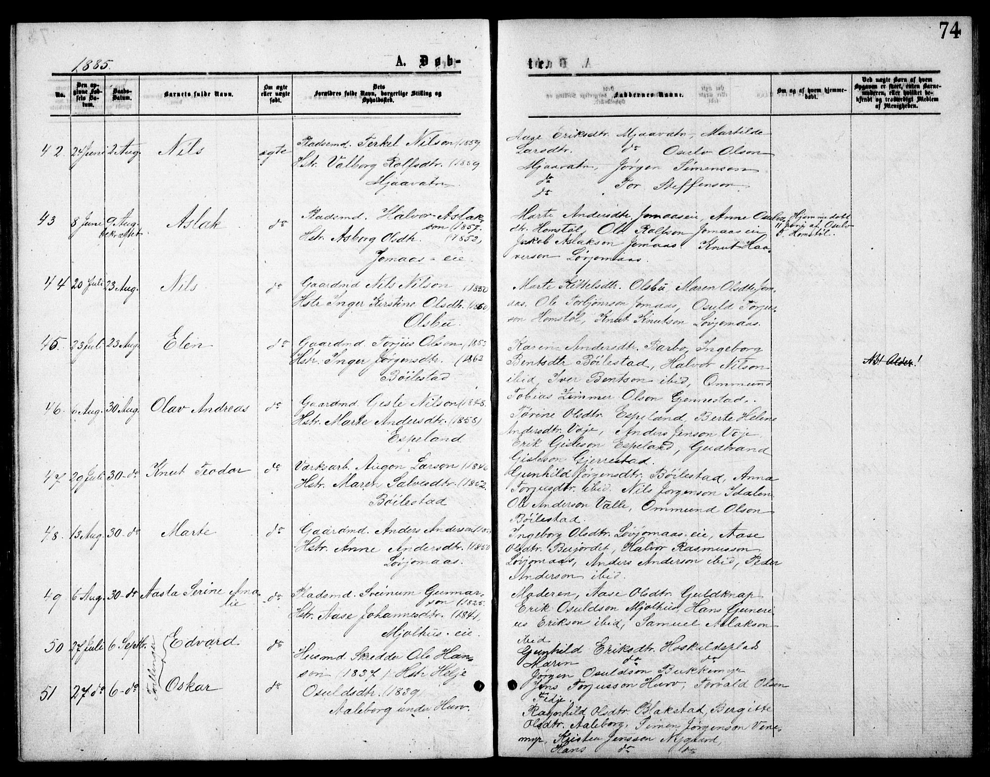 Froland sokneprestkontor, AV/SAK-1111-0013/F/Fb/L0009: Parish register (copy) no. B 9, 1875-1893, p. 74