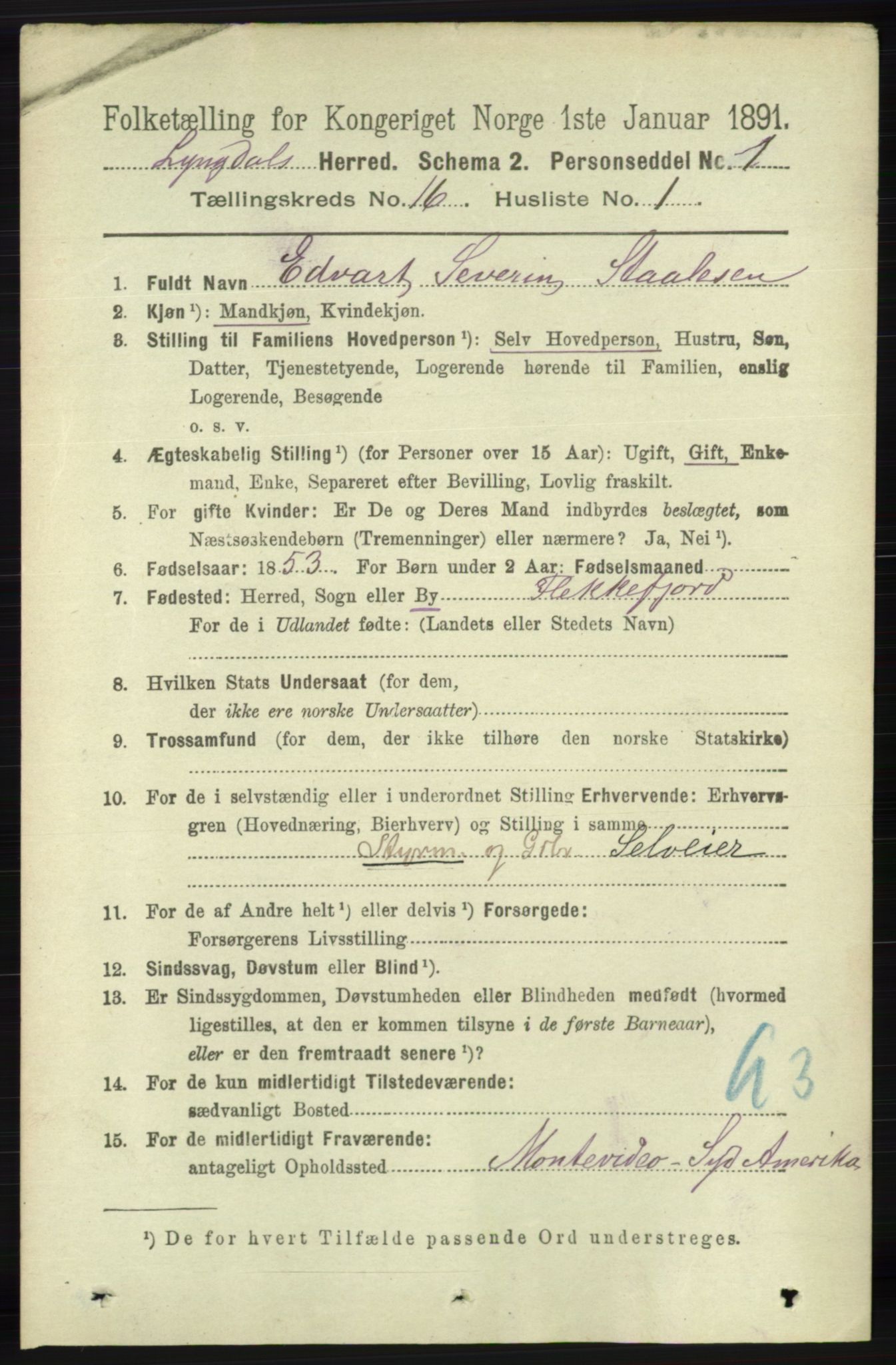 RA, 1891 census for 1032 Lyngdal, 1891, p. 6261