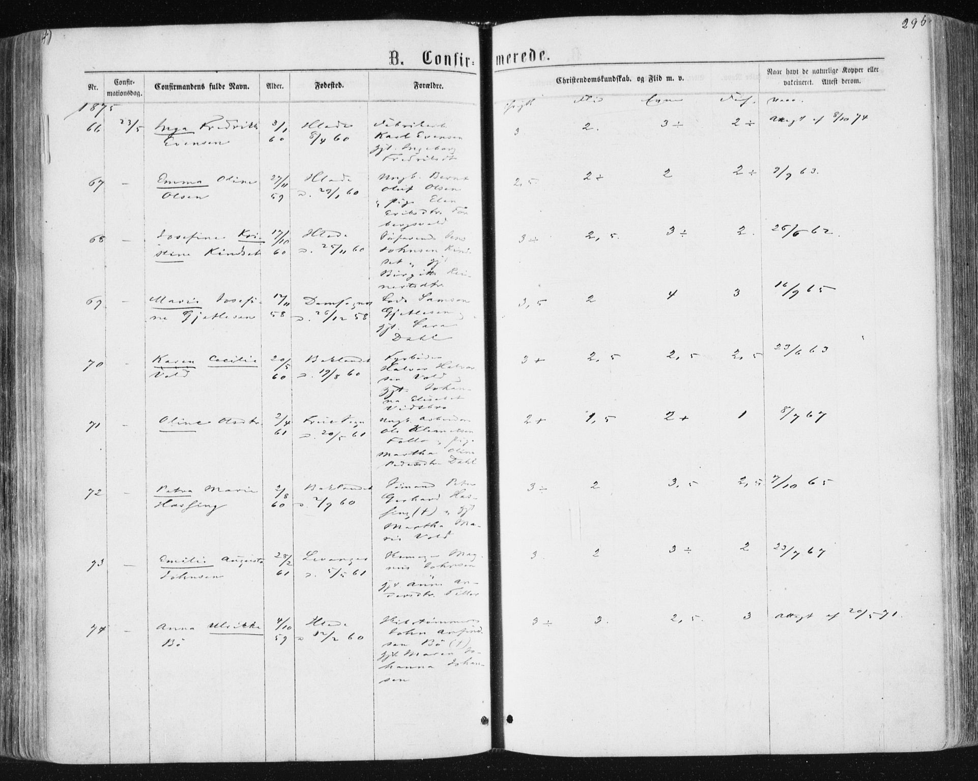 Ministerialprotokoller, klokkerbøker og fødselsregistre - Sør-Trøndelag, AV/SAT-A-1456/604/L0186: Parish register (official) no. 604A07, 1866-1877, p. 296