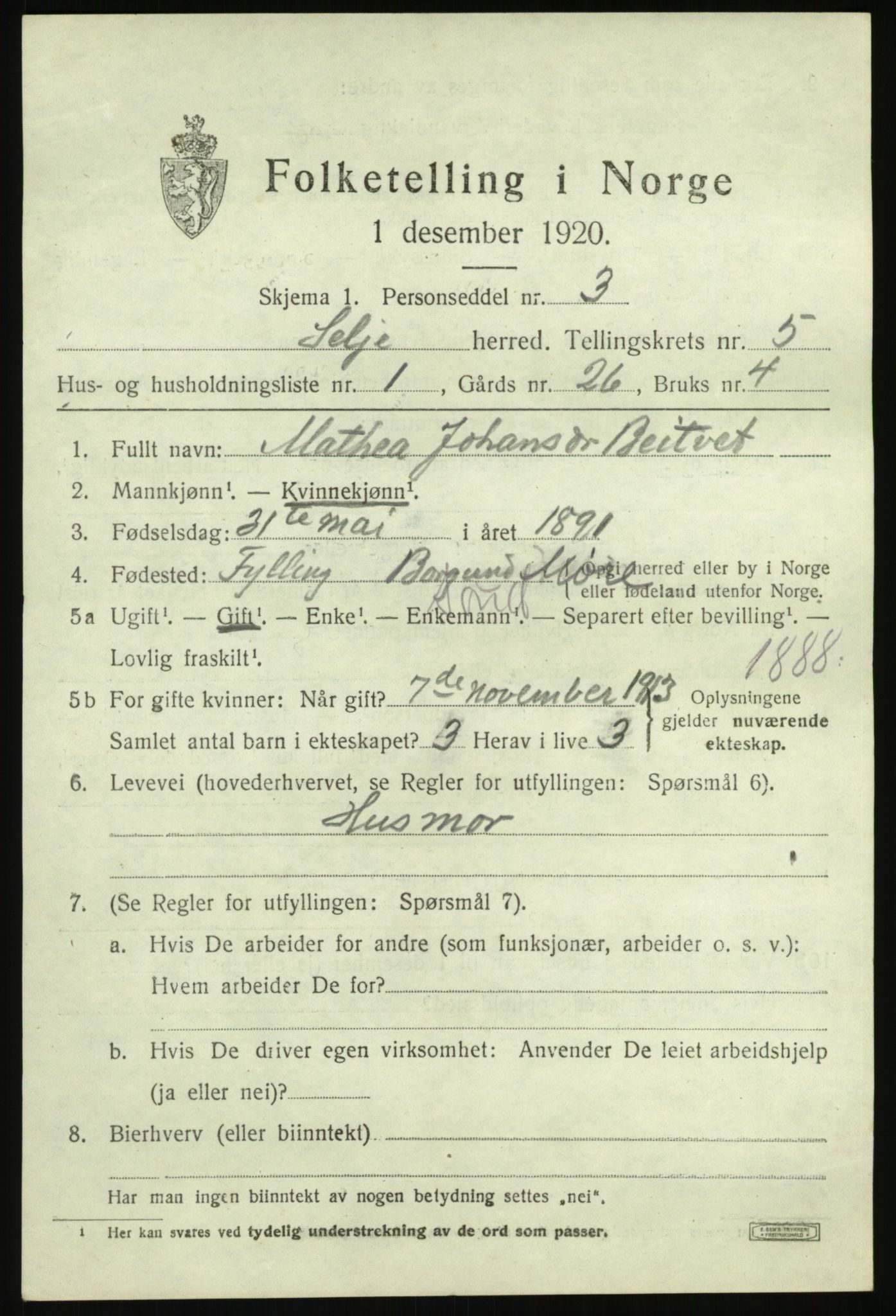 SAB, 1920 census for Selje, 1920, p. 3051