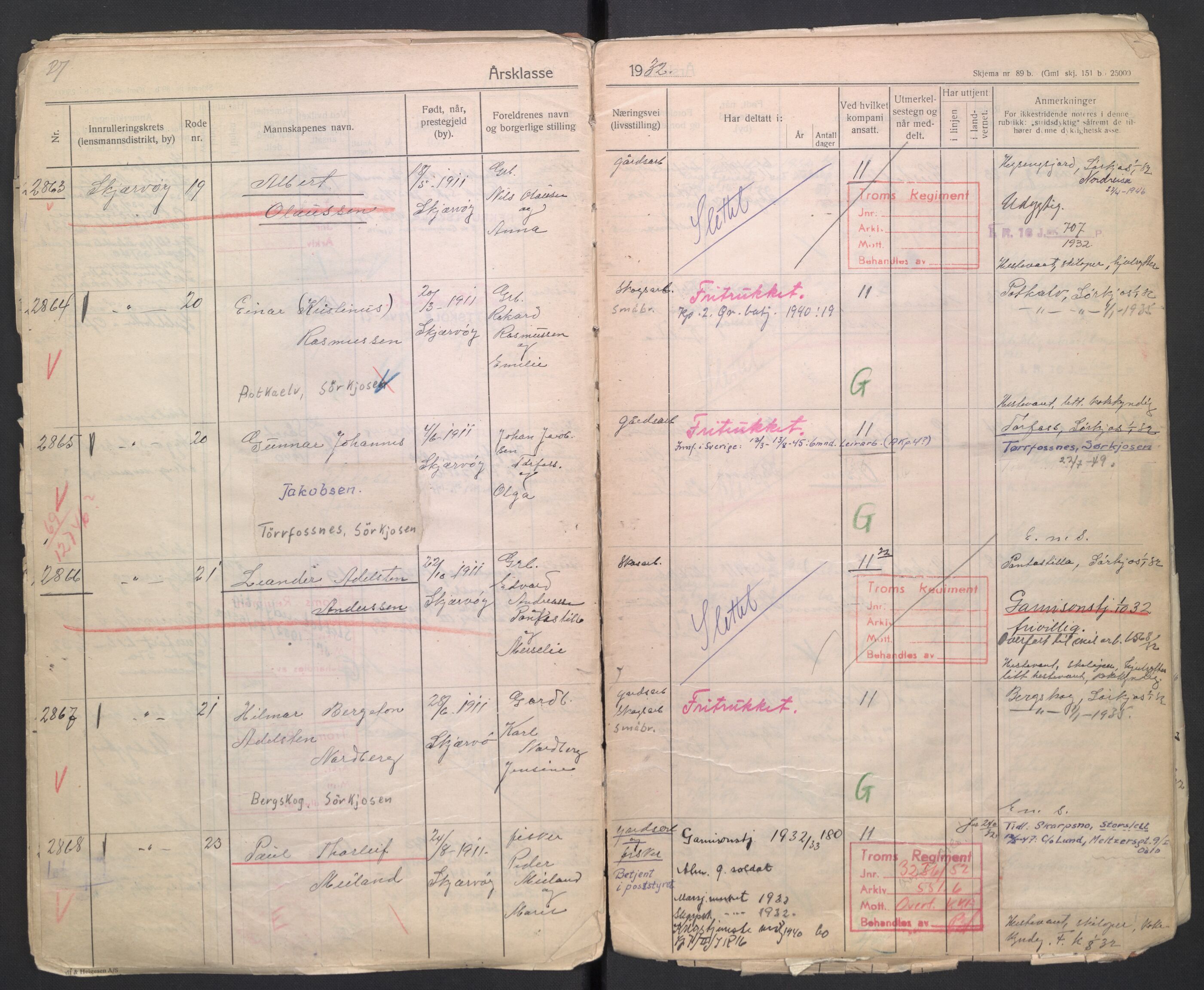 Forsvaret, Troms infanteriregiment nr. 16, AV/RA-RAFA-3146/P/Pa/L0006/0003: Ruller / Rulle for Lyngen bataljons menige mannskaper, årsklasse 1932, 1932, p. 27