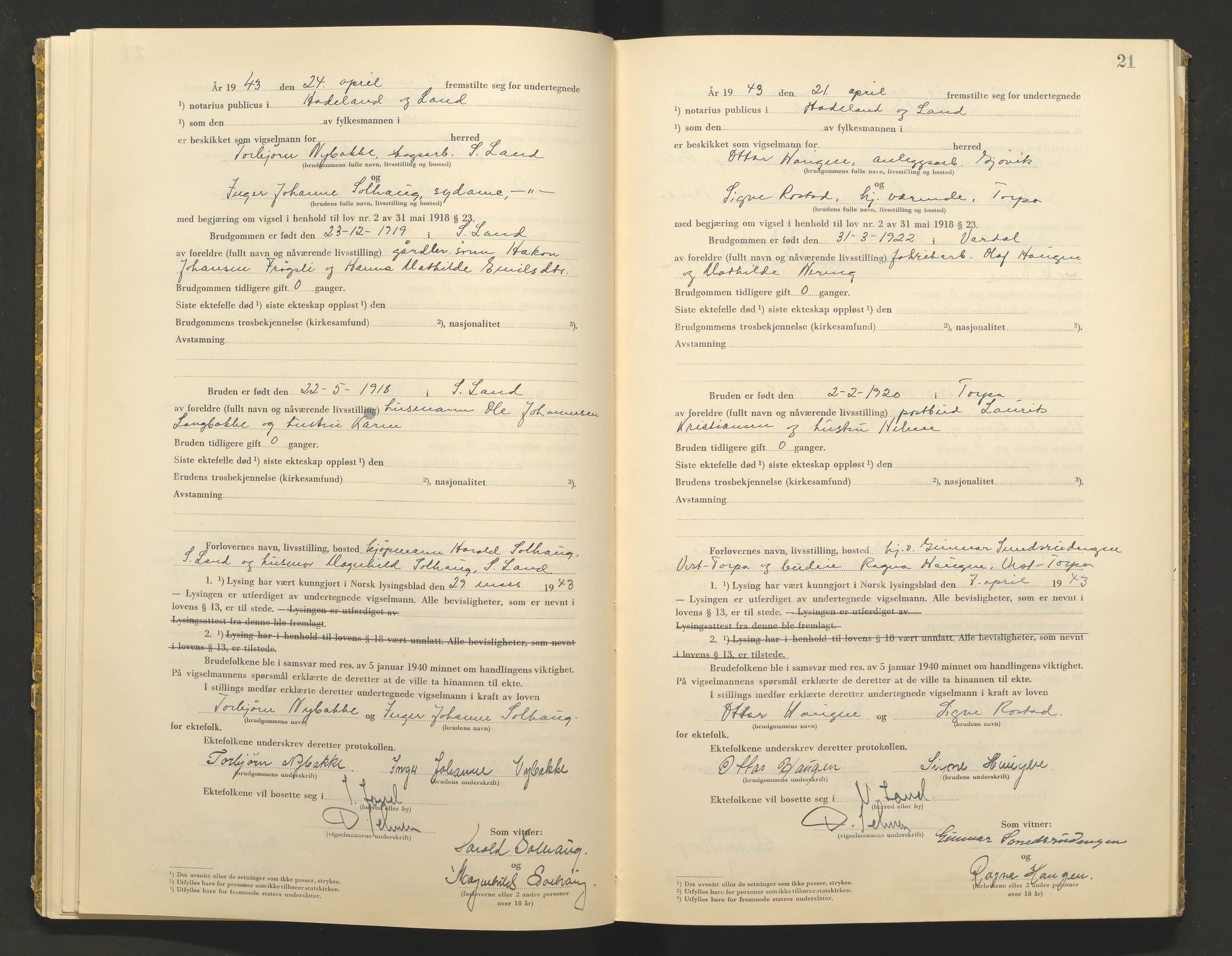 Hadeland og Land tingrett, AV/SAH-TING-010/L/Lb/L0002: Vigselbok, 1943-1944, p. 21