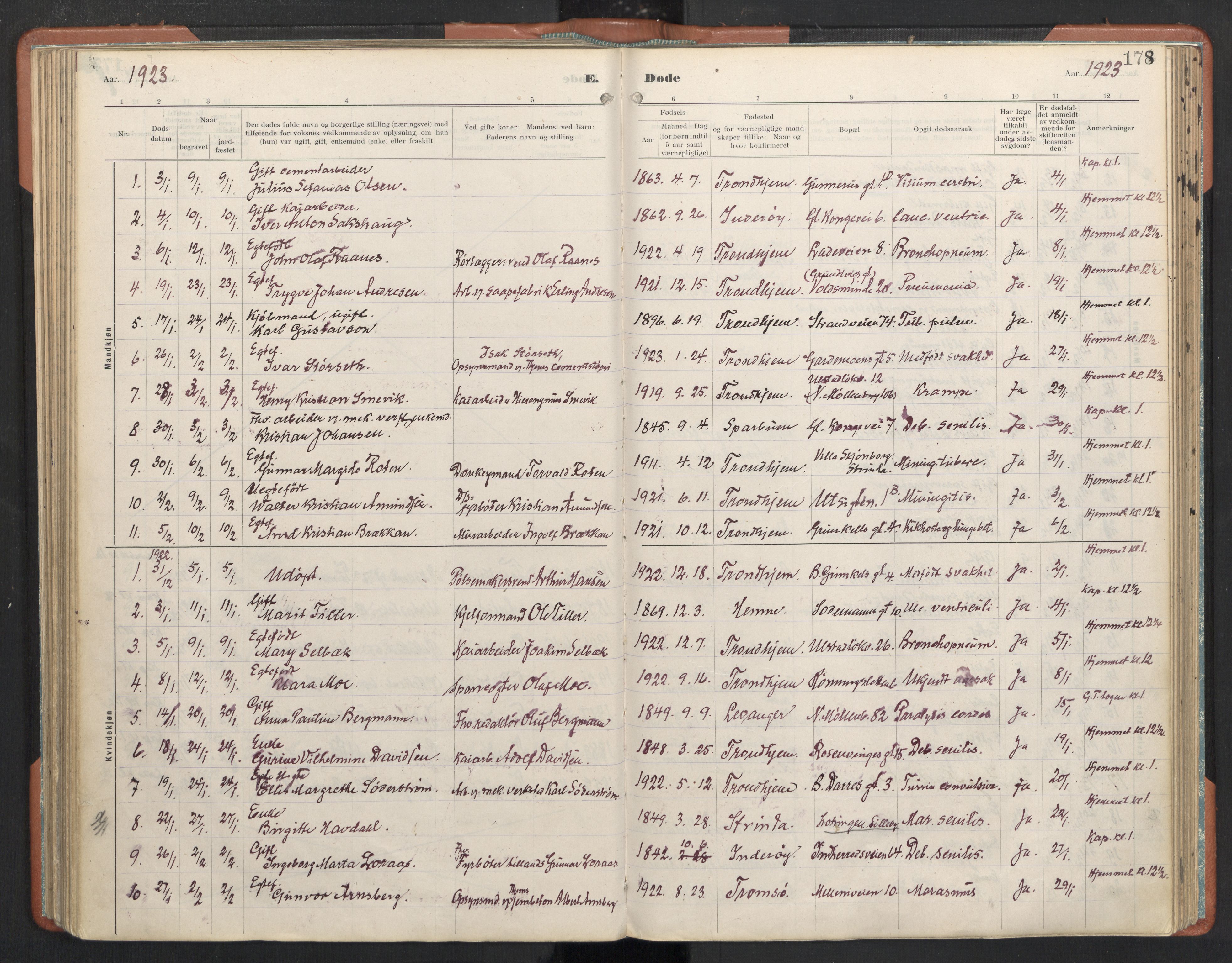 Ministerialprotokoller, klokkerbøker og fødselsregistre - Sør-Trøndelag, SAT/A-1456/605/L0245: Parish register (official) no. 605A07, 1916-1938, p. 178