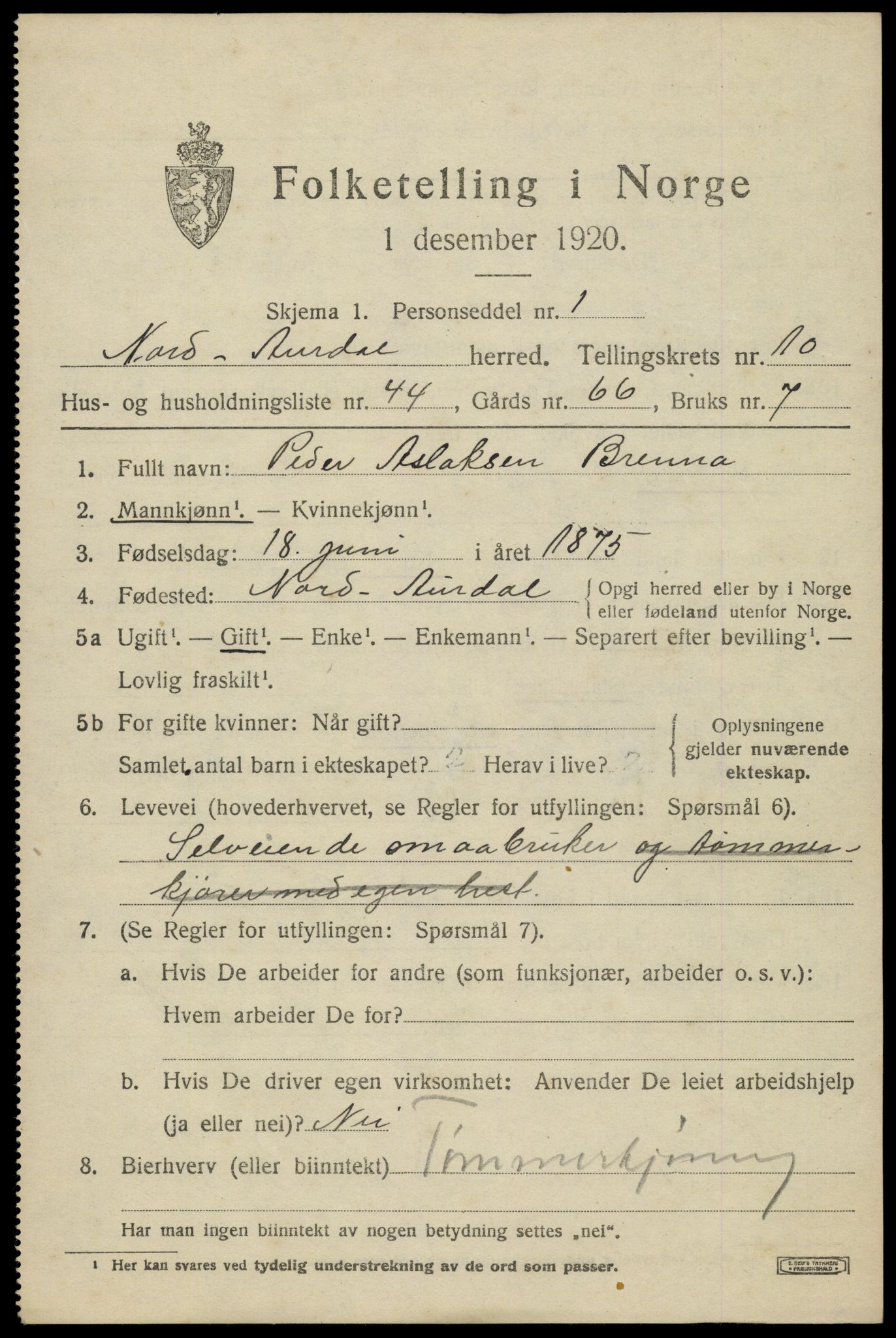 SAH, 1920 census for Nord-Aurdal, 1920, p. 8322