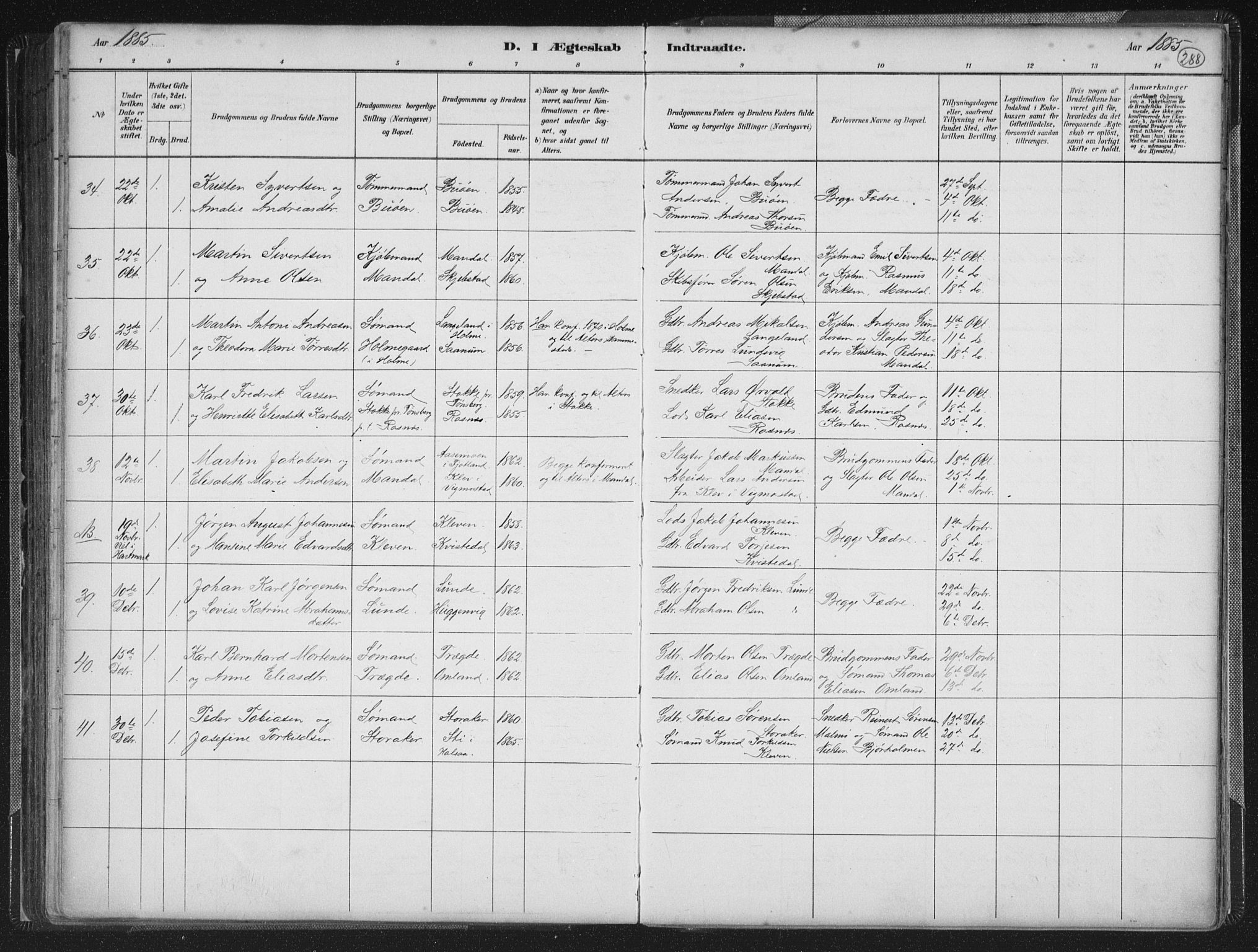 Mandal sokneprestkontor, AV/SAK-1111-0030/F/Fb/Fba/L0011: Parish register (copy) no. B 5, 1880-1898, p. 288