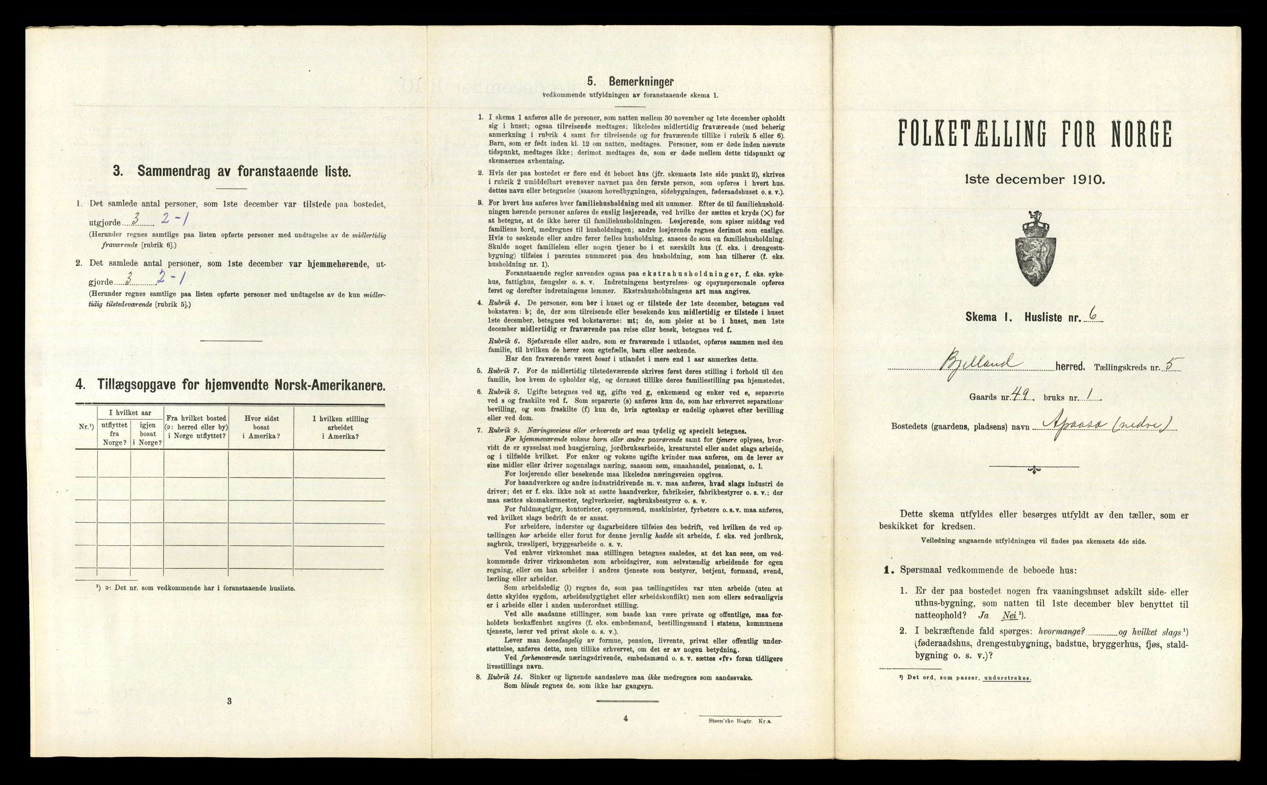 RA, 1910 census for Bjelland, 1910, p. 296