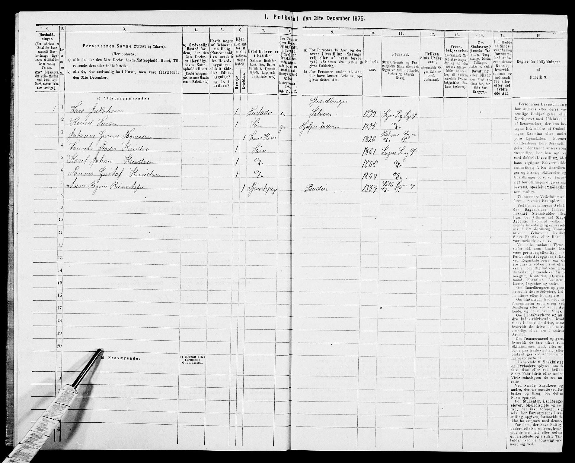 SAK, 1875 census for 1018P Søgne, 1875, p. 1008