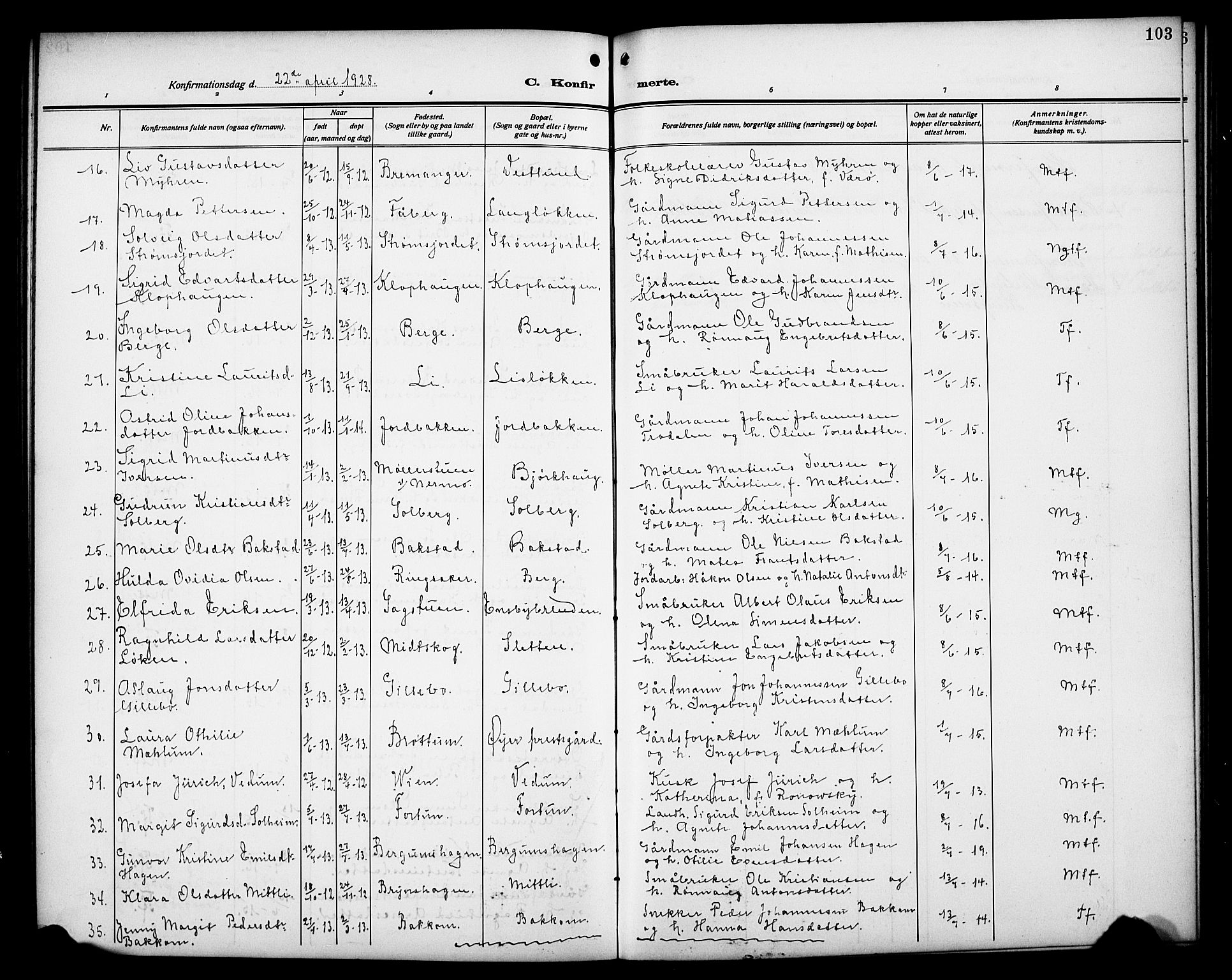 Øyer prestekontor, SAH/PREST-084/H/Ha/Hab/L0007: Parish register (copy) no. 7, 1913-1928, p. 103