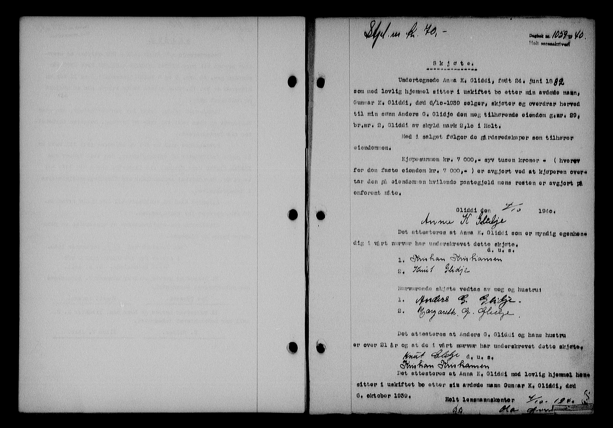 Holt sorenskriveri, AV/SAK-1221-0002/G/Gba/L0050: Mortgage book no. A-V, 1940-1942, Diary no: : 1059/1940