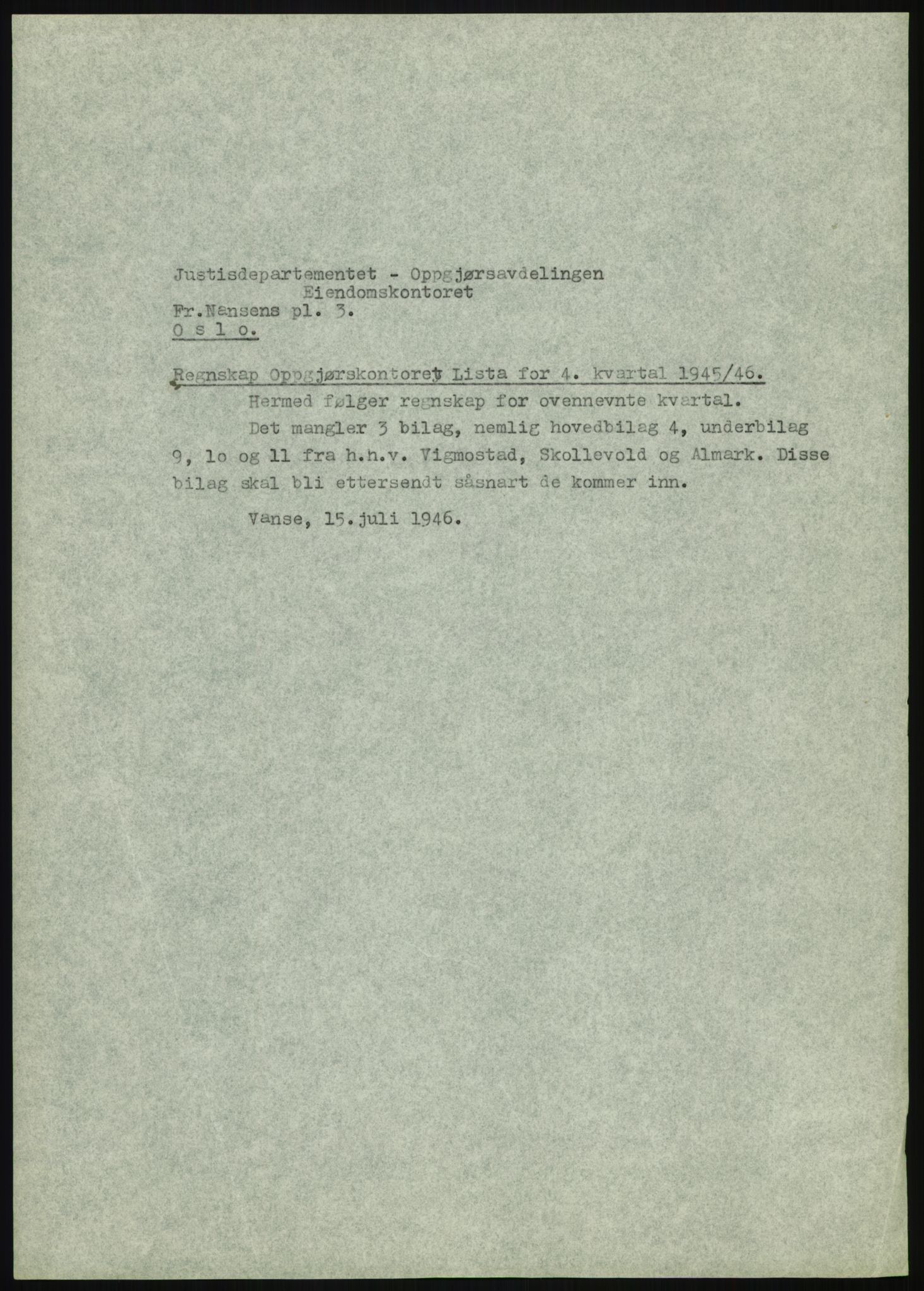Forsvarsdepartementet, 10. kontor / Oppgjørskontoret, AV/RA-RAFA-1225/D/Db/L0180: Lista oppgjørskontor, 1942-1952, p. 9