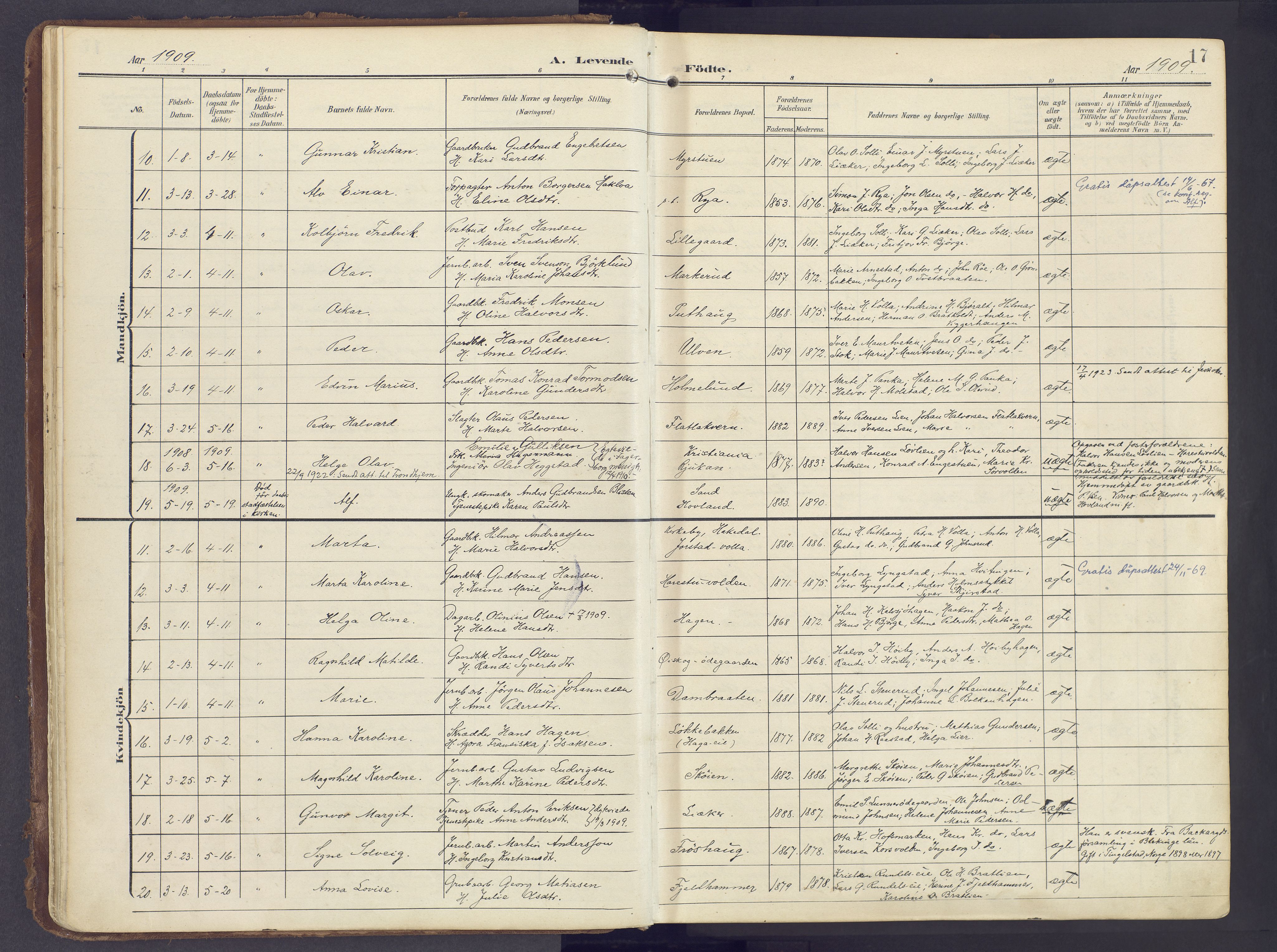 Lunner prestekontor, SAH/PREST-118/H/Ha/Haa/L0001: Parish register (official) no. 1, 1907-1922, p. 17