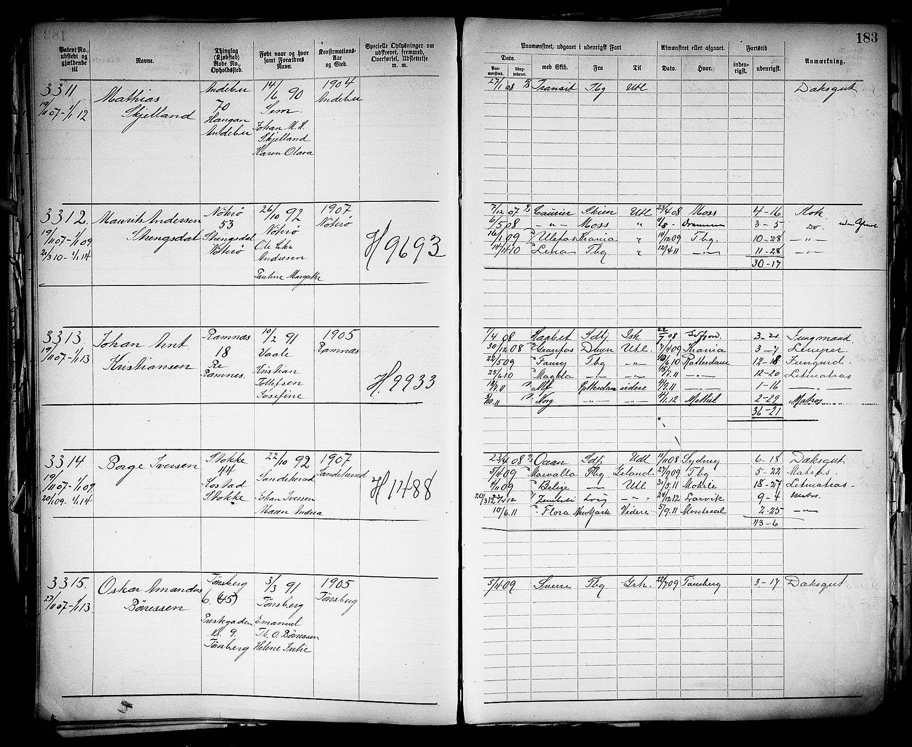 Tønsberg innrulleringskontor, SAKO/A-786/F/Fb/L0005: Annotasjonsrulle Patent nr. 2401-4080, 1904-1910, p. 186