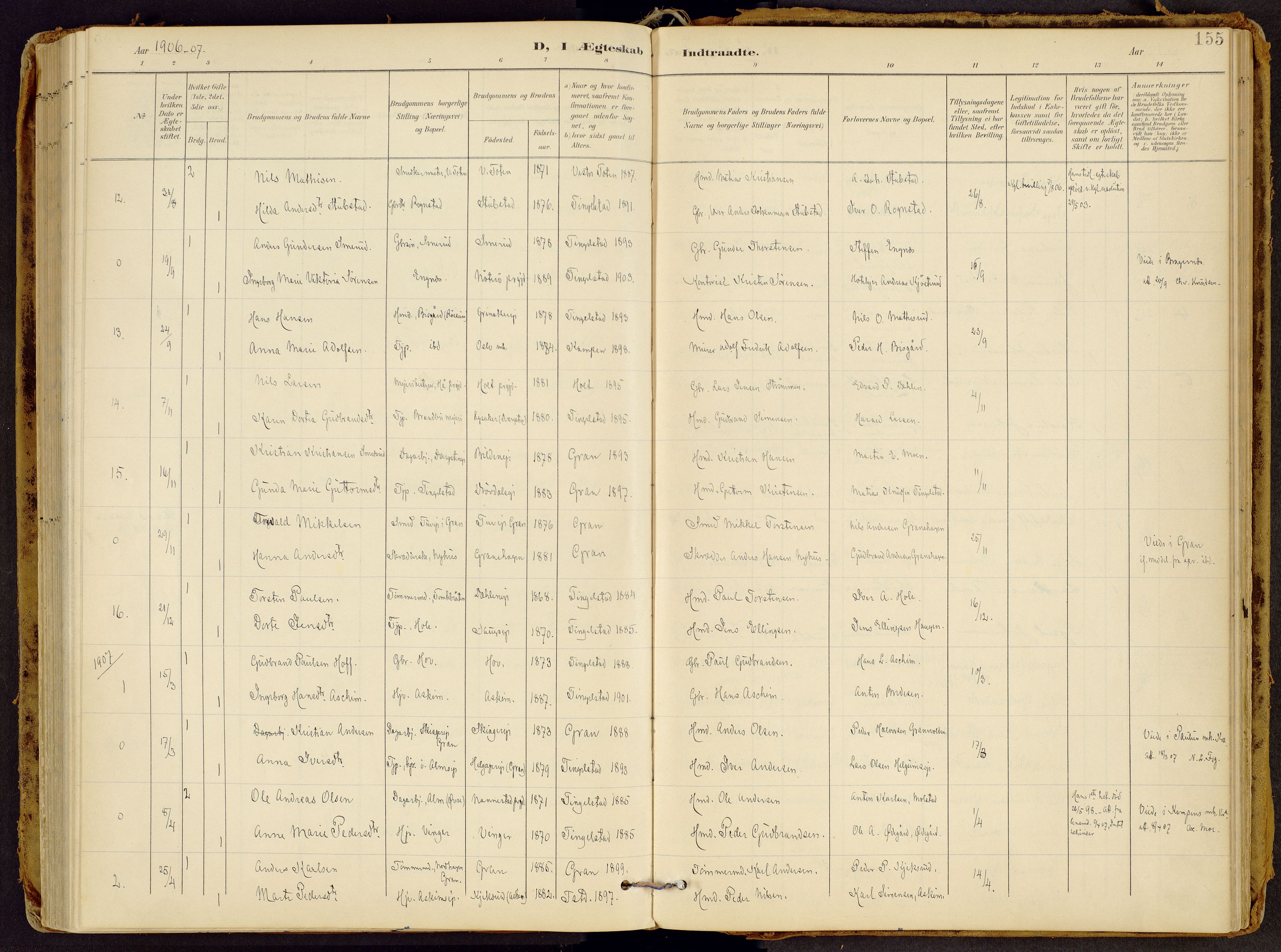 Brandbu prestekontor, SAH/PREST-114/H/Ha/Haa/L0002: Parish register (official) no. 2, 1899-1914, p. 155