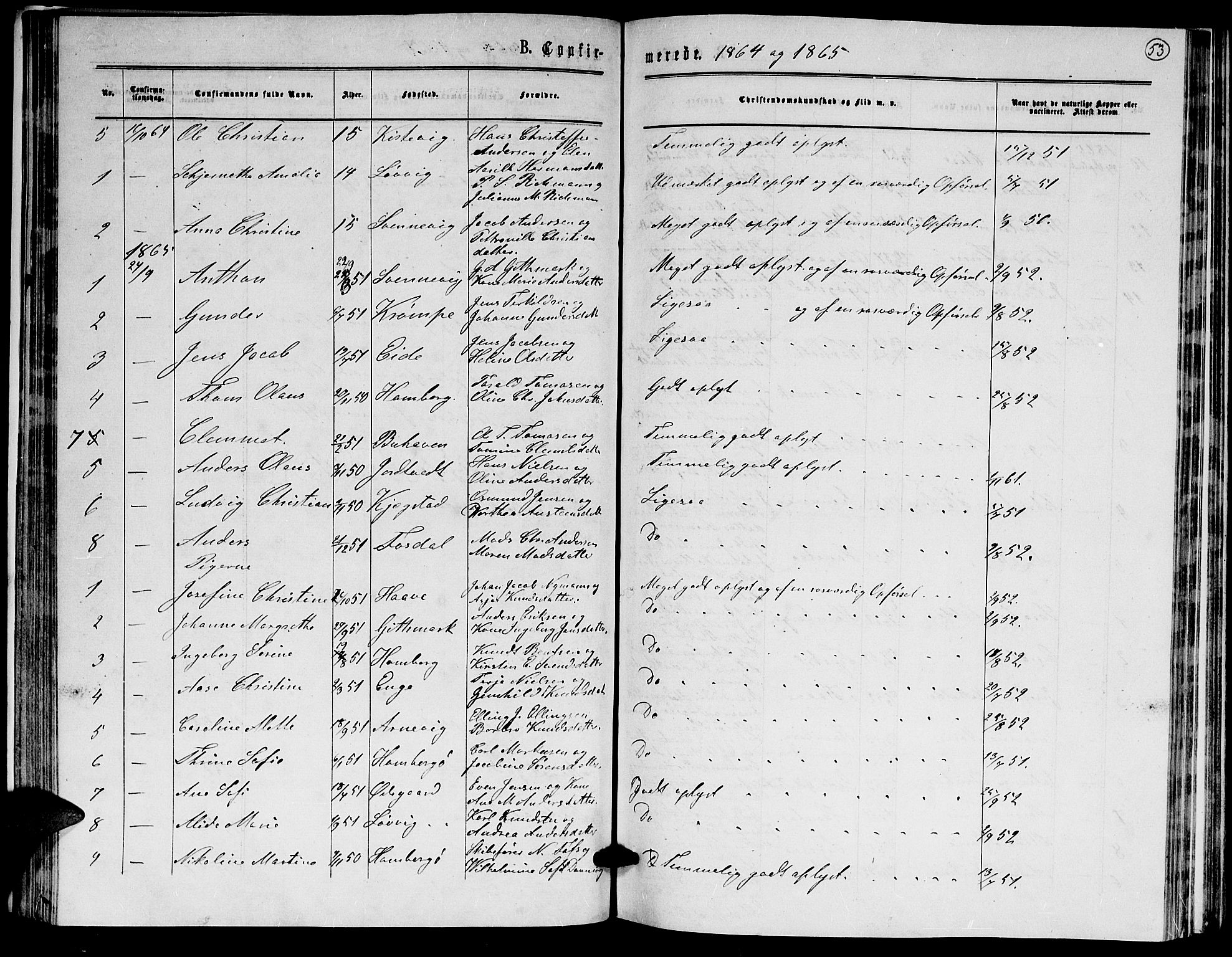 Hommedal sokneprestkontor, AV/SAK-1111-0023/F/Fb/Fba/L0003: Parish register (copy) no. B 3, 1863-1884, p. 53