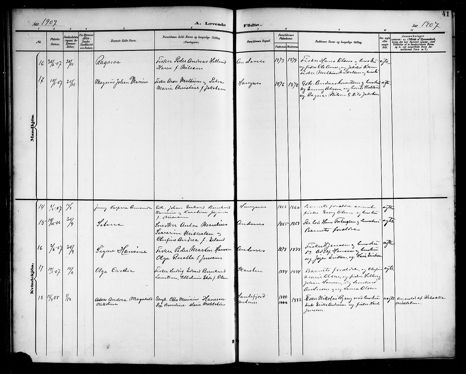 Ministerialprotokoller, klokkerbøker og fødselsregistre - Nordland, SAT/A-1459/899/L1449: Parish register (copy) no. 899C04, 1900-1918, p. 41