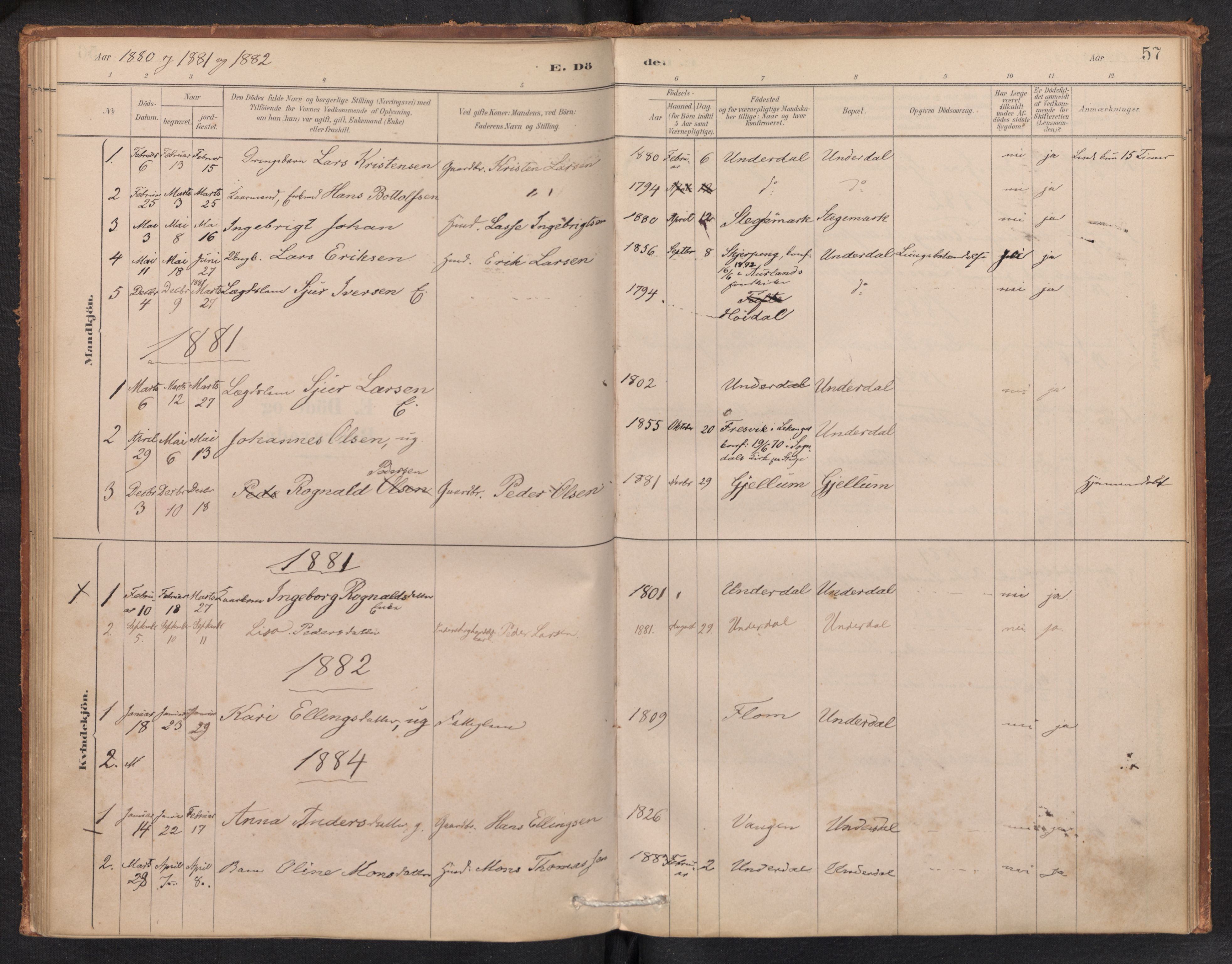 Aurland sokneprestembete, SAB/A-99937/H/Ha/Hae/L0001: Parish register (official) no. E 1, 1880-1907, p. 56b-57a