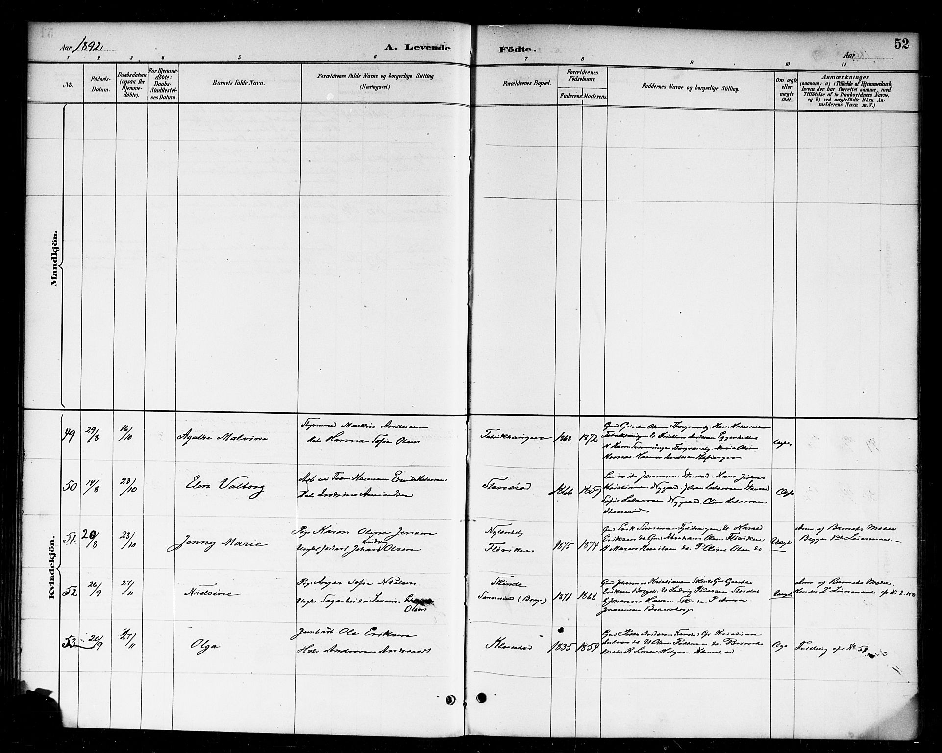 Skjeberg prestekontor Kirkebøker, AV/SAO-A-10923/F/Fa/L0009: Parish register (official) no. I 9, 1886-1897, p. 52