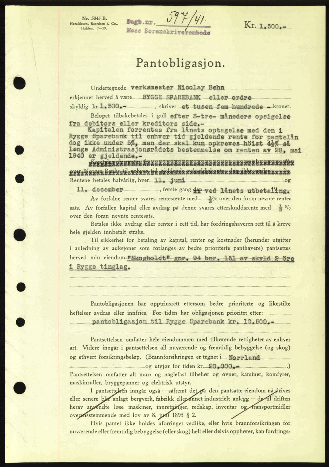 Moss sorenskriveri, SAO/A-10168: Mortgage book no. B10, 1940-1941, Diary no: : 597/1941