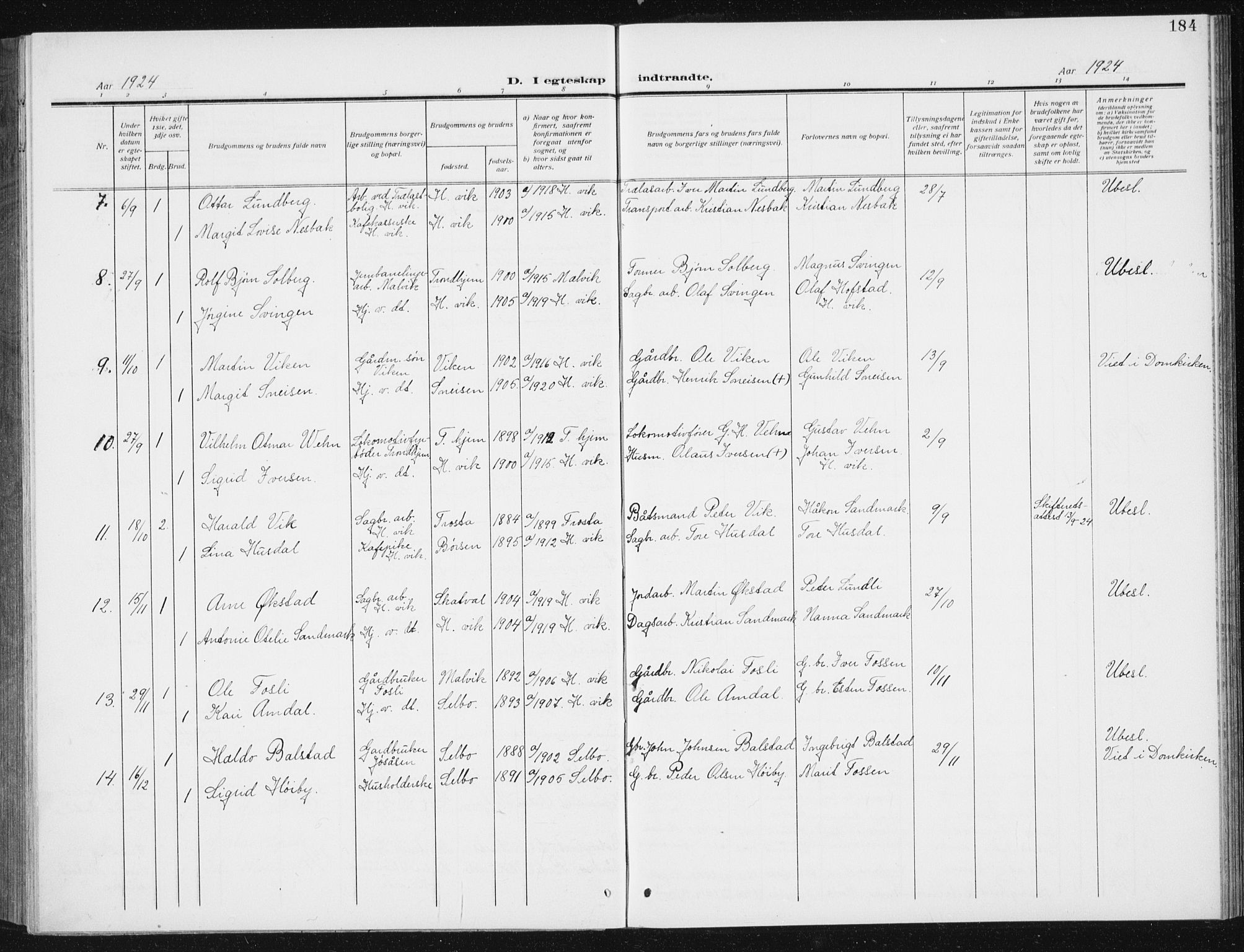 Ministerialprotokoller, klokkerbøker og fødselsregistre - Sør-Trøndelag, SAT/A-1456/617/L0431: Parish register (copy) no. 617C02, 1910-1936, p. 184