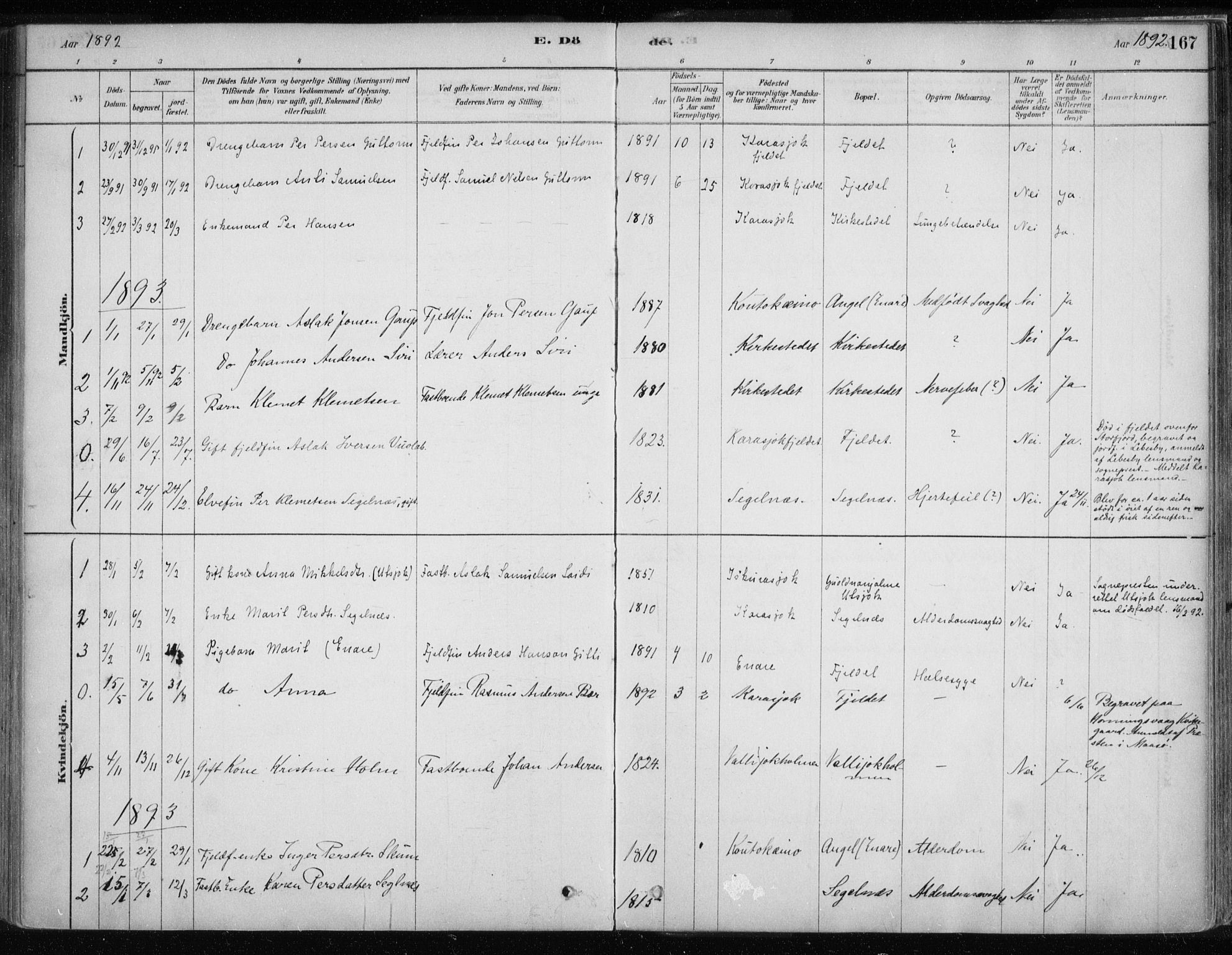 Karasjok sokneprestkontor, SATØ/S-1352/H/Ha/L0002kirke: Parish register (official) no. 2, 1885-1906, p. 167