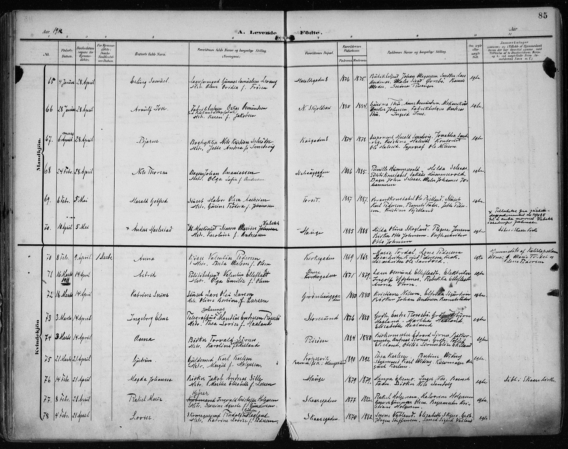 Haugesund sokneprestkontor, AV/SAST-A -101863/H/Ha/Haa/L0008: Parish register (official) no. A 8, 1908-1921, p. 85