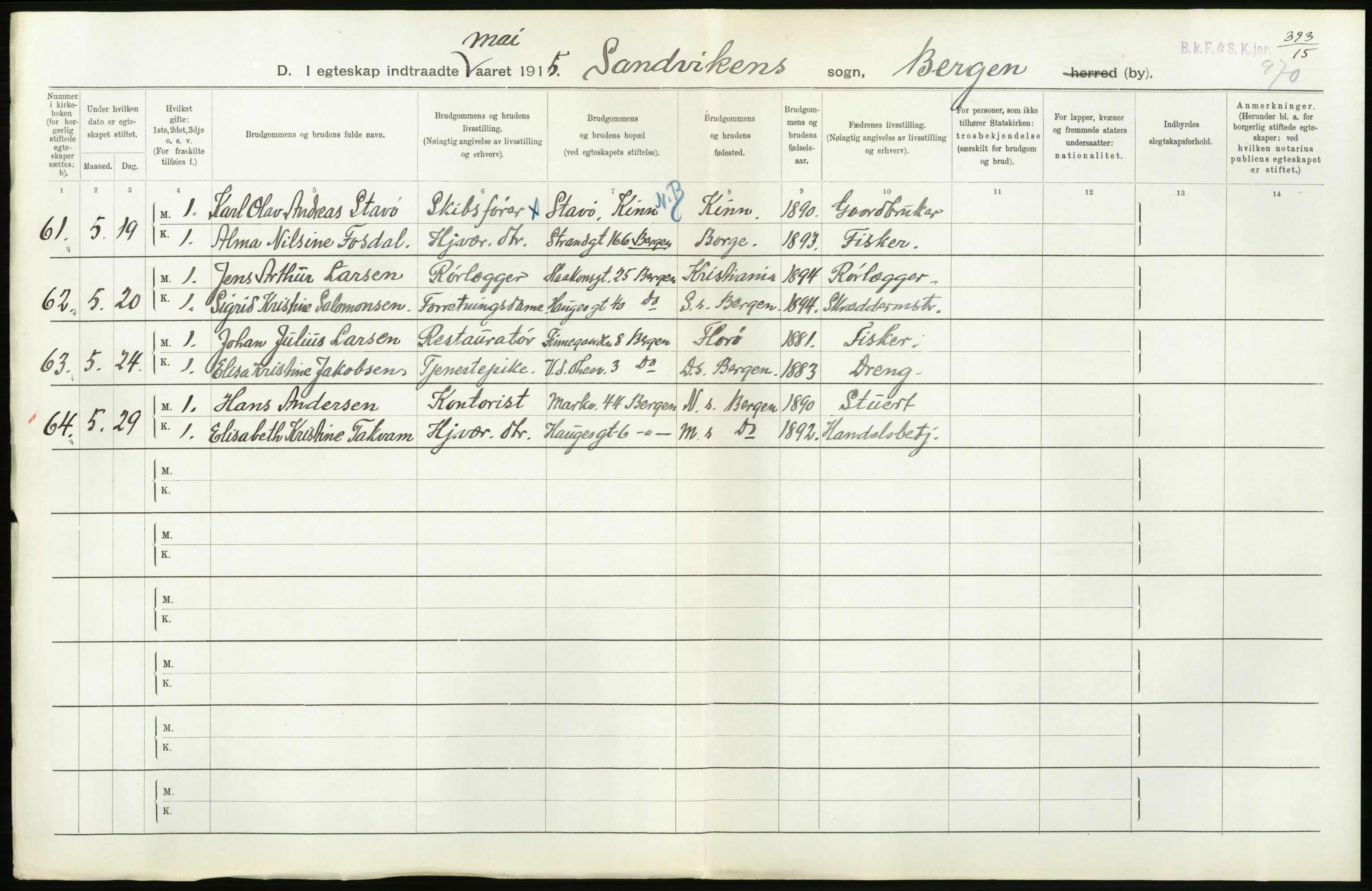 Statistisk sentralbyrå, Sosiodemografiske emner, Befolkning, AV/RA-S-2228/D/Df/Dfb/Dfbe/L0034: Bergen: Gifte, døde, dødfødte., 1915, p. 36