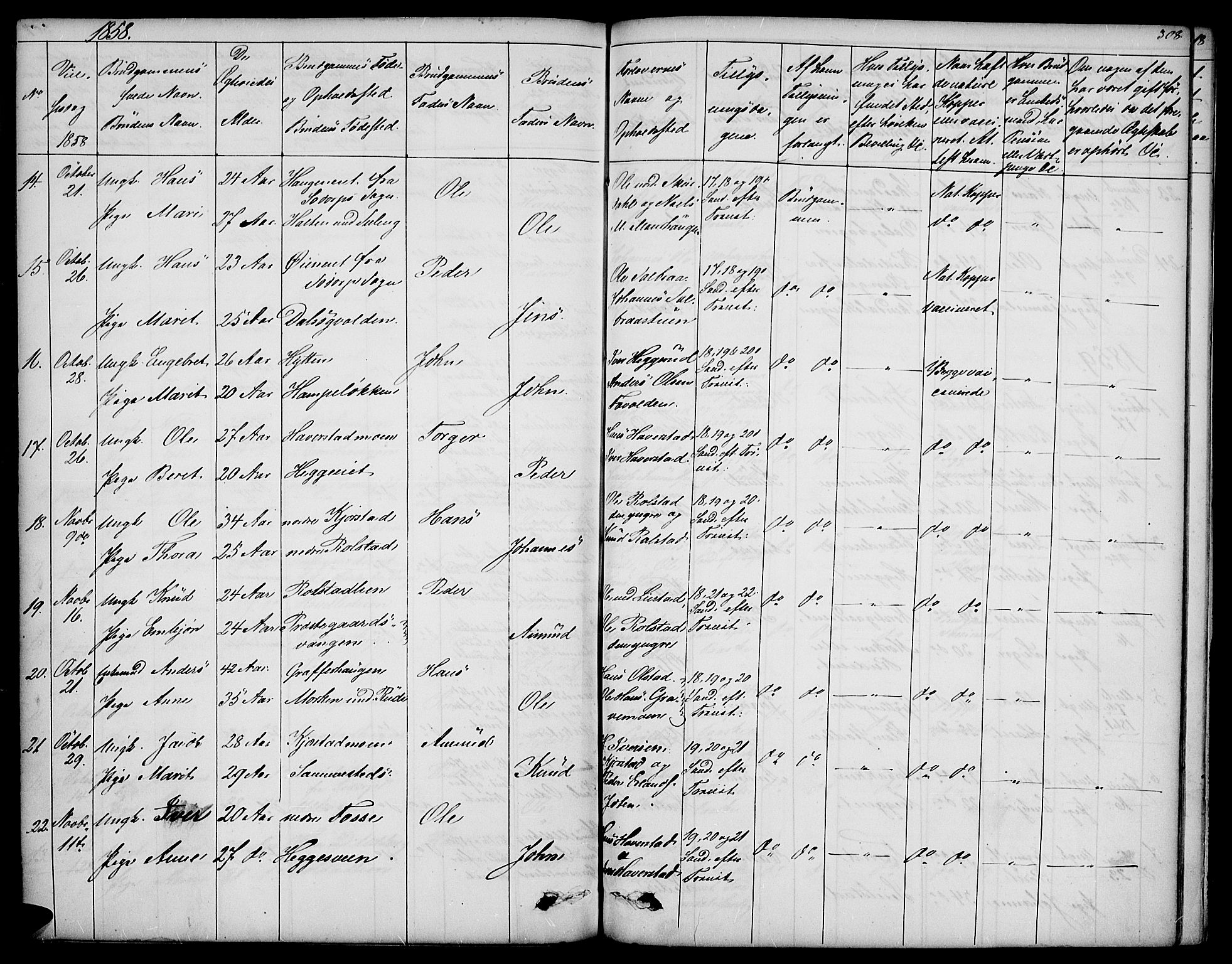 Sør-Fron prestekontor, SAH/PREST-010/H/Ha/Hab/L0001: Parish register (copy) no. 1, 1844-1863, p. 308