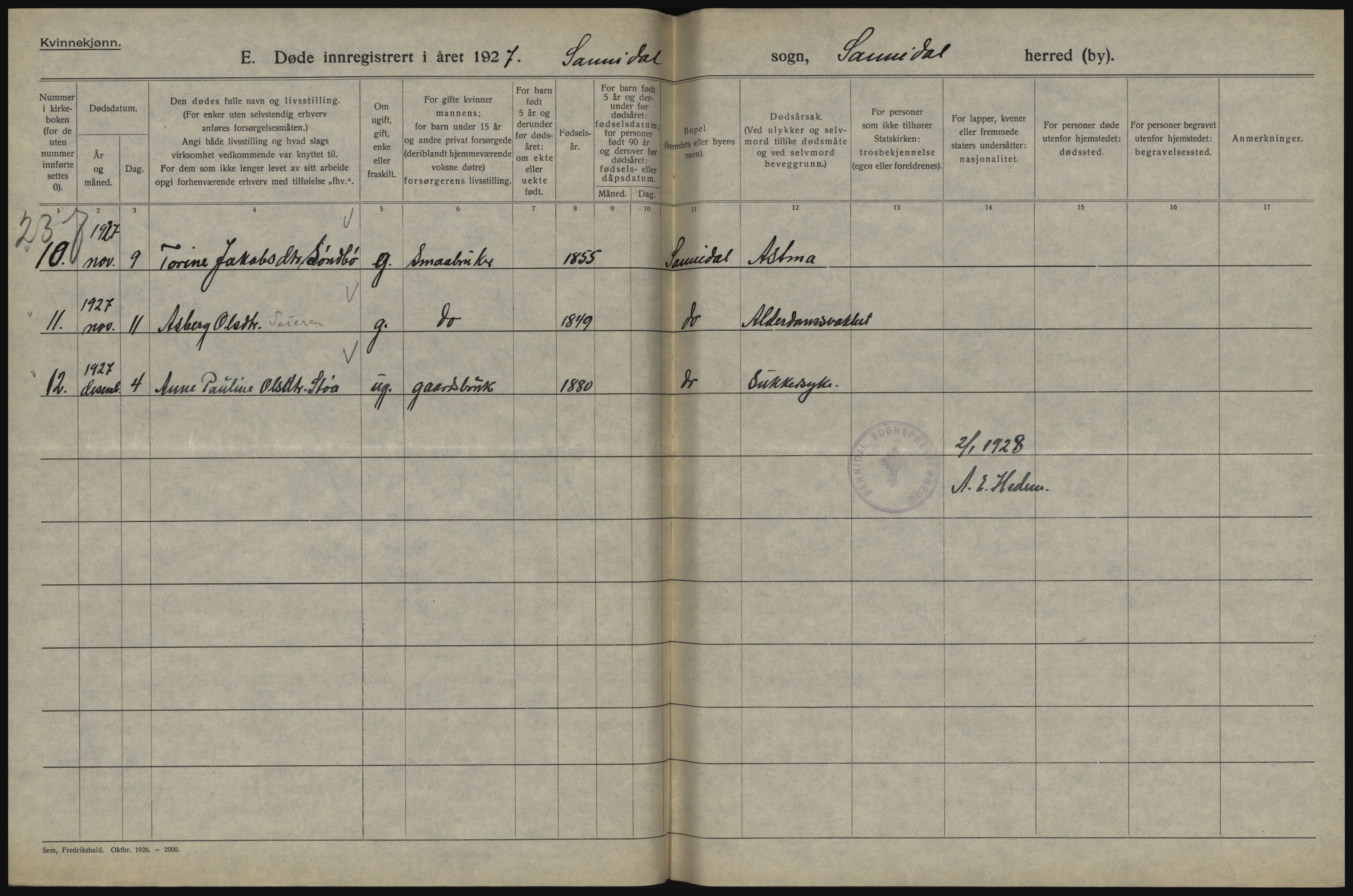 Statistisk sentralbyrå, Sosiodemografiske emner, Befolkning, AV/RA-S-2228/D/Df/Dfc/Dfcg/L0020: Telemark fylke: Gifte, døde. Bygder og byer., 1927, p. 464