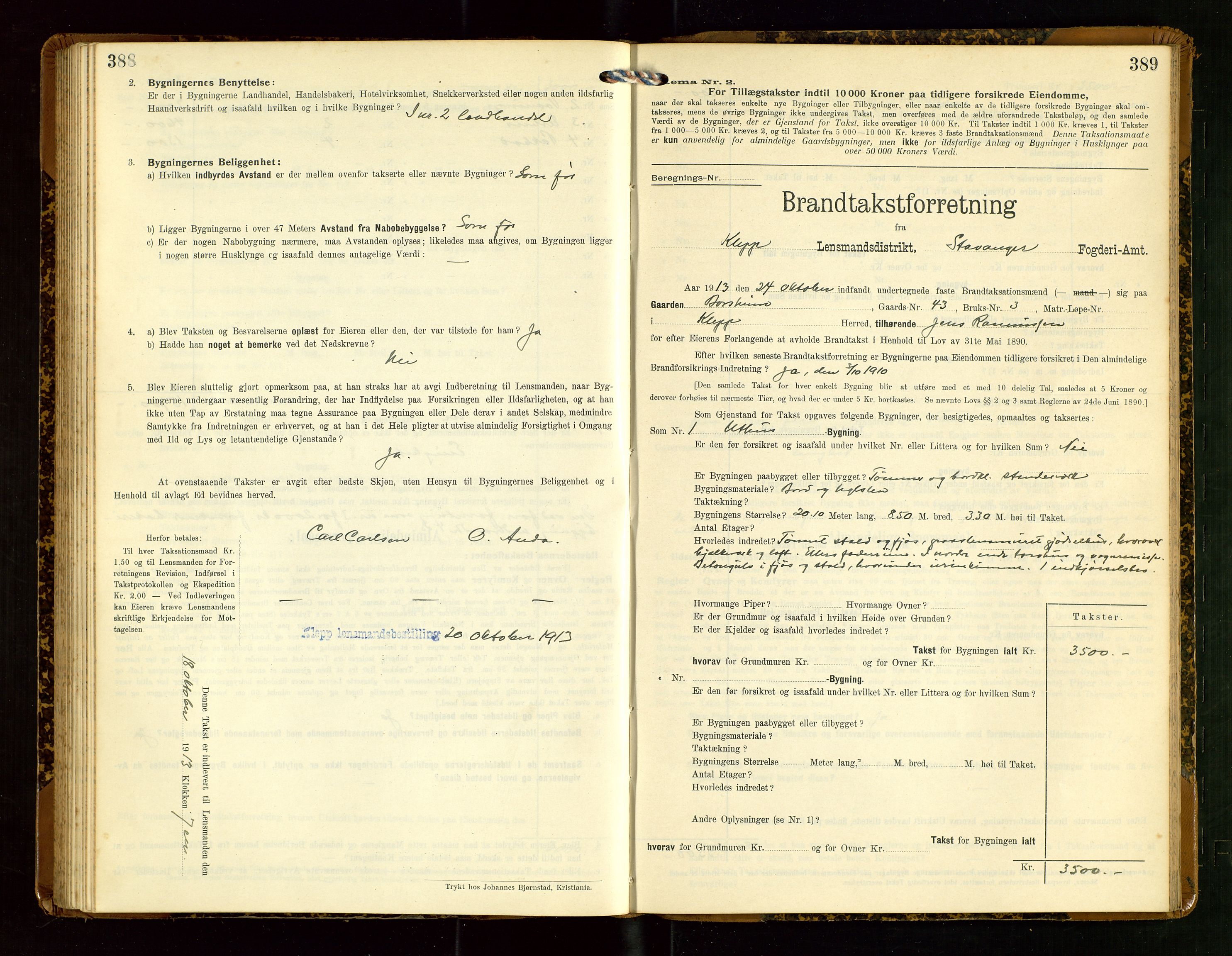 Klepp lensmannskontor, AV/SAST-A-100163/Goc/L0007: "Brandtaxationsprotokol" m/register, 1911-1915, p. 388-389