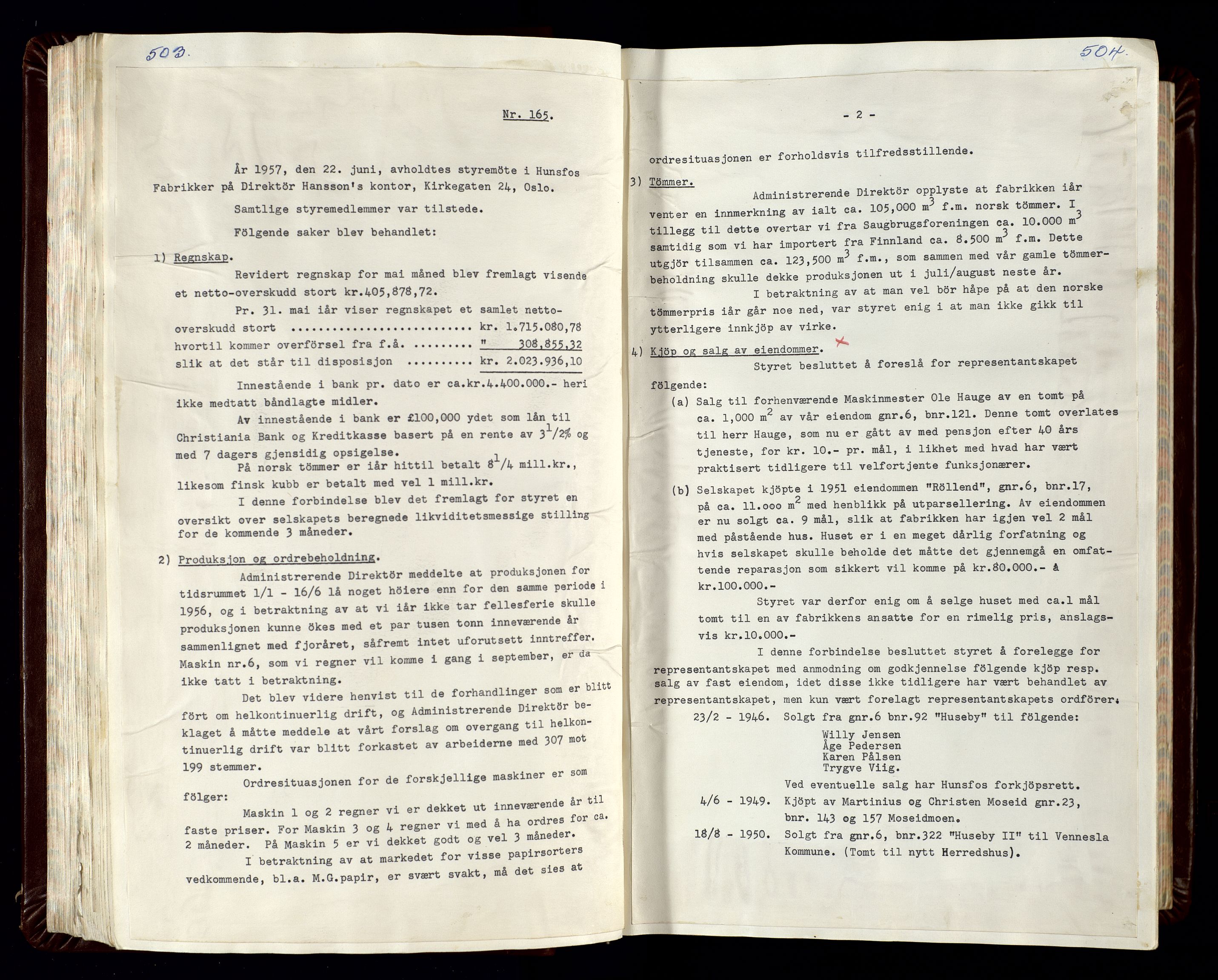 Hunsfos fabrikker, AV/SAK-D/1440/02/L0007: Referatprotokoll fra styremøter (møte nr 114-221), 1951-1964, p. 503-504