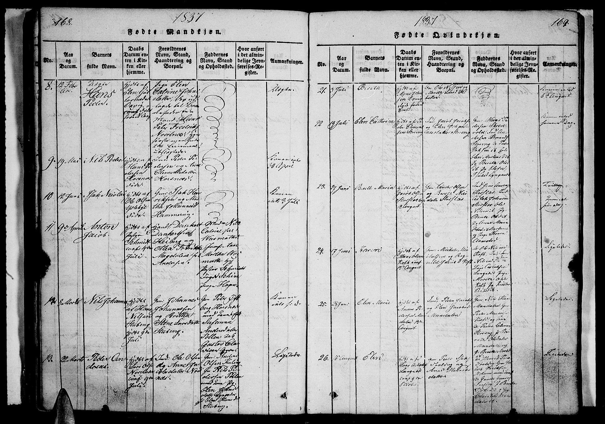 Lyngen sokneprestembete, AV/SATØ-S-1289/H/He/Heb/L0001klokker: Parish register (copy) no. 1, 1826-1838, p. 168-169