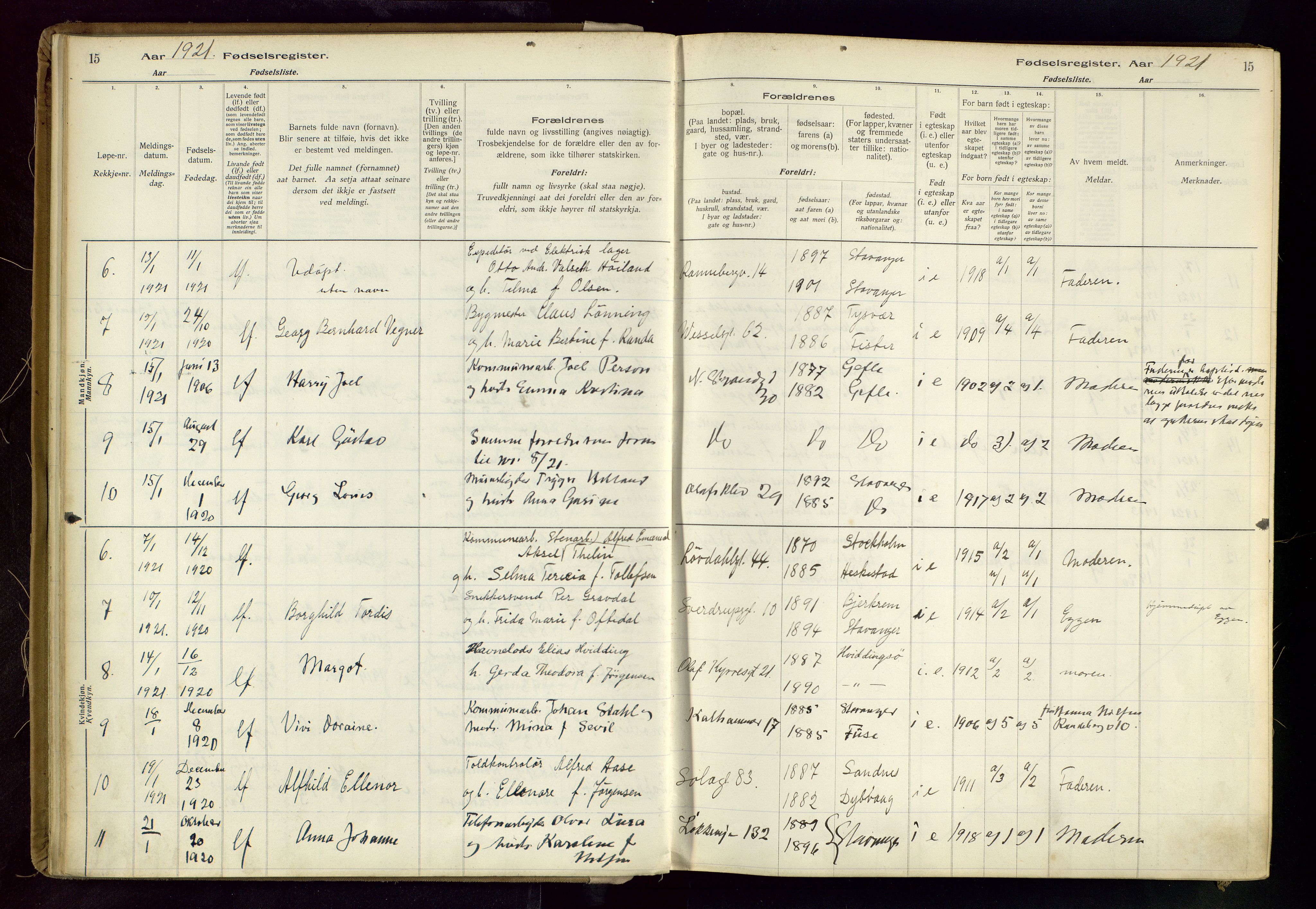 Domkirken sokneprestkontor, AV/SAST-A-101812/002/B/L0002: Birth register no. 2, 1920-1925, p. 15