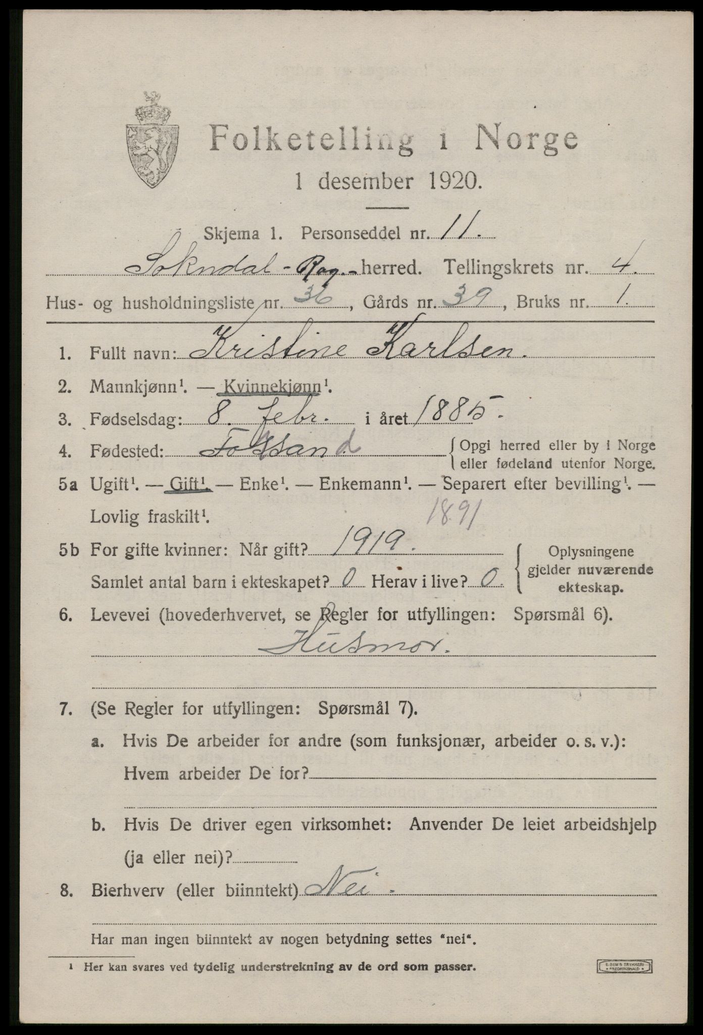 SAST, 1920 census for Sokndal, 1920, p. 3235