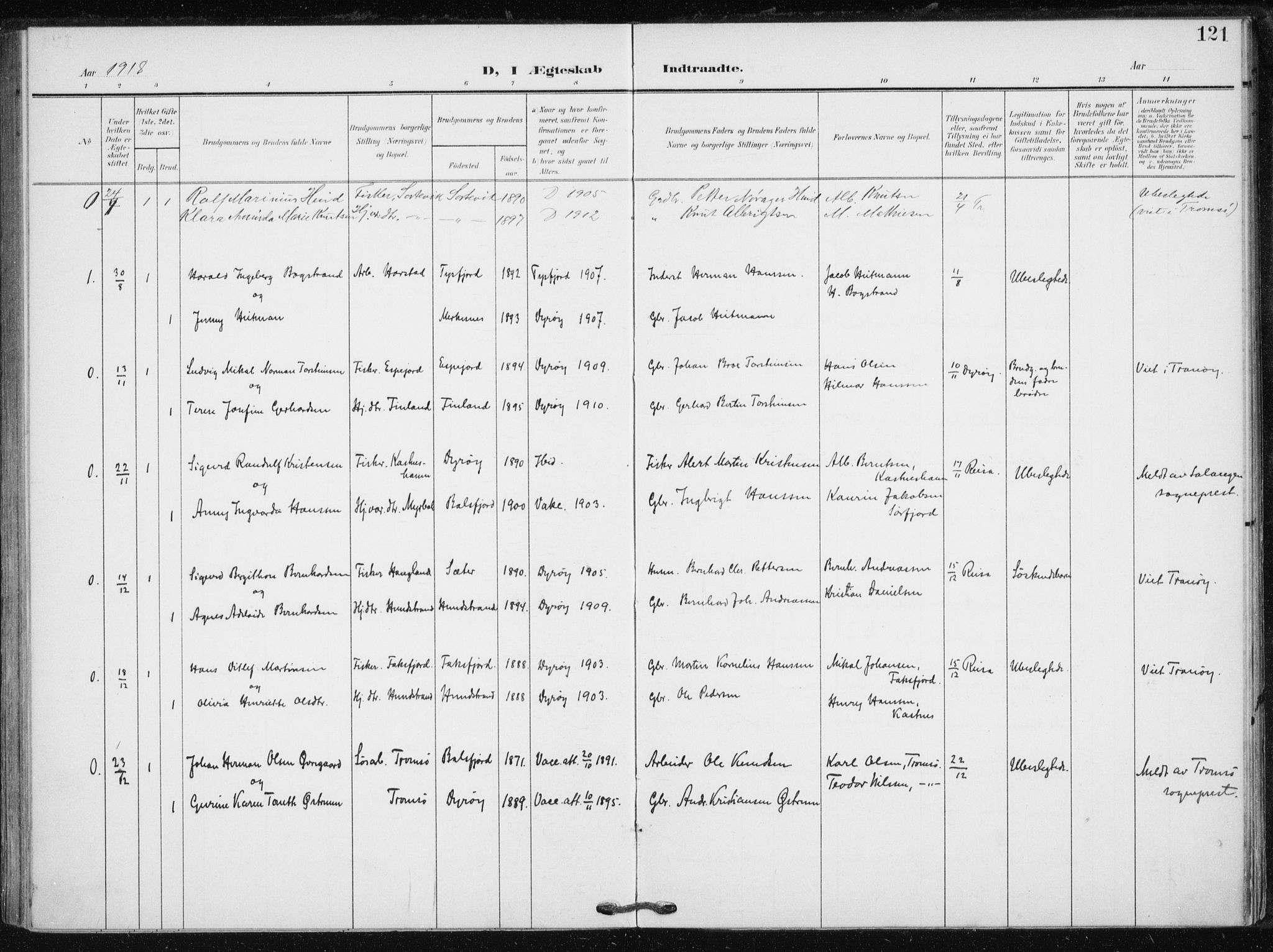 Tranøy sokneprestkontor, SATØ/S-1313/I/Ia/Iaa/L0013kirke: Parish register (official) no. 13, 1905-1922, p. 121