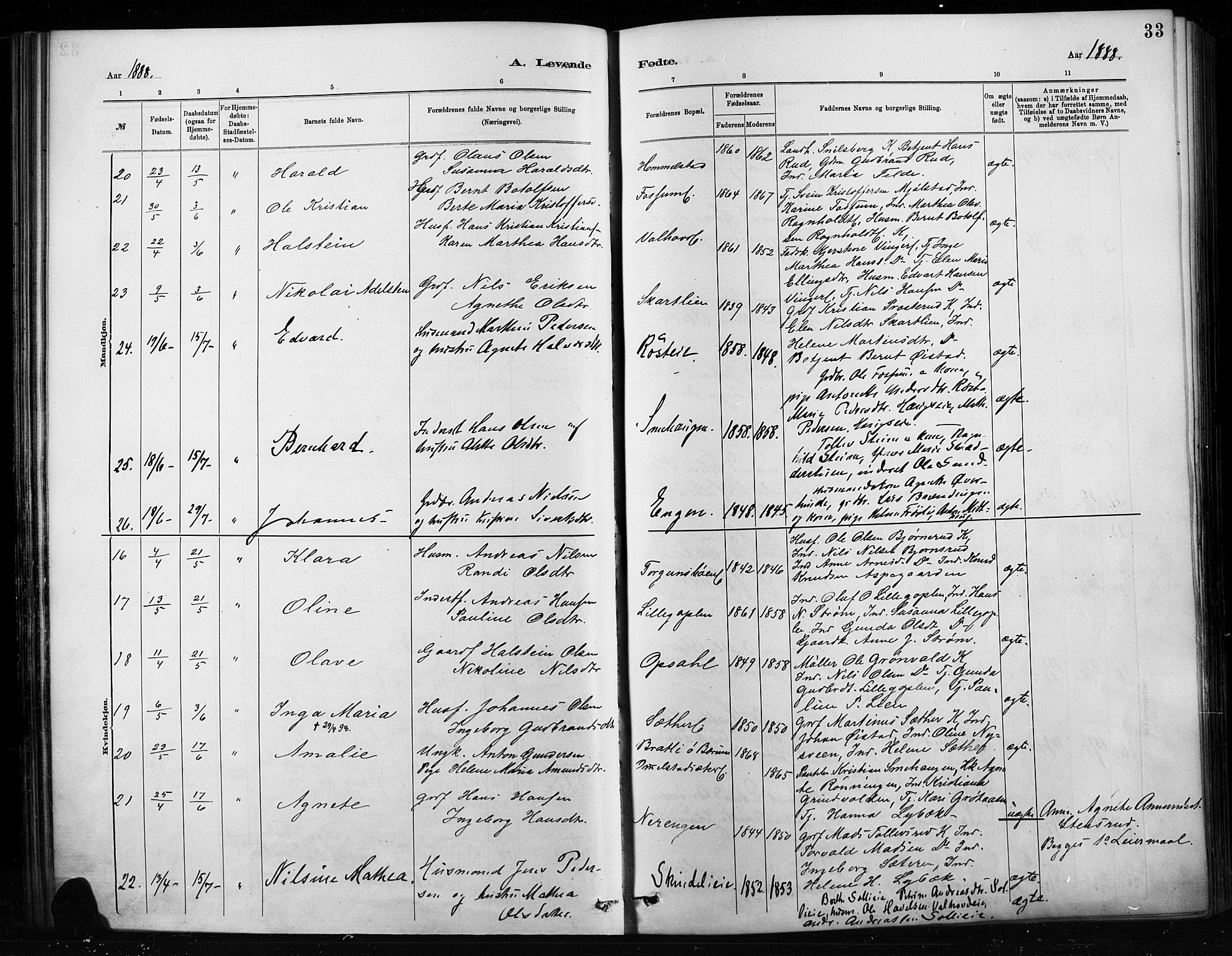 Nordre Land prestekontor, AV/SAH-PREST-124/H/Ha/Haa/L0004: Parish register (official) no. 4, 1882-1896, p. 33