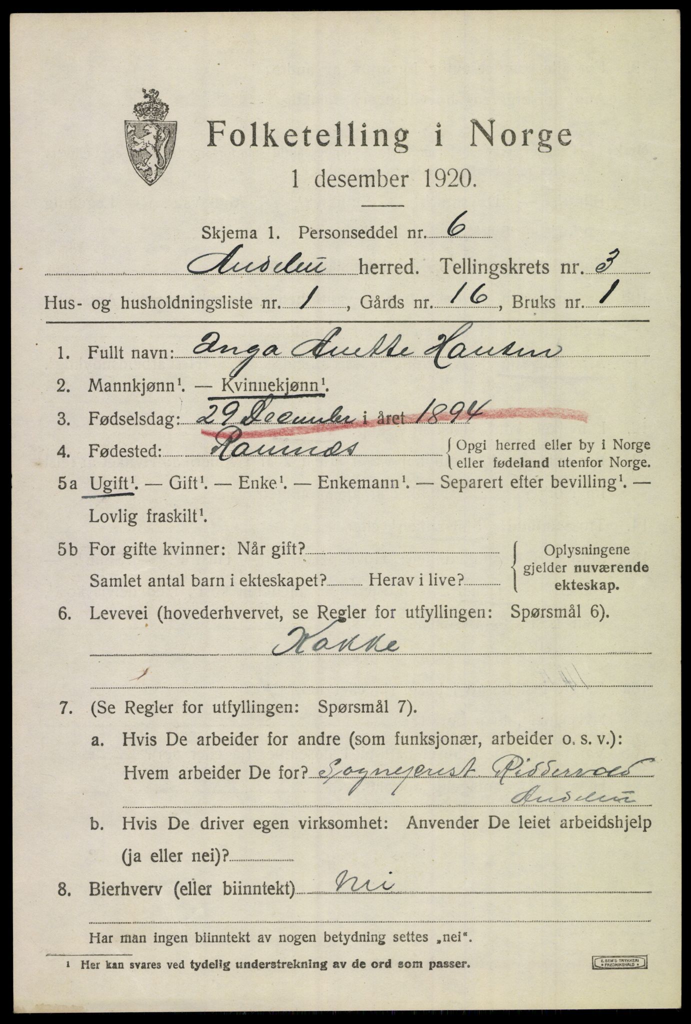 SAKO, 1920 census for Andebu, 1920, p. 1848