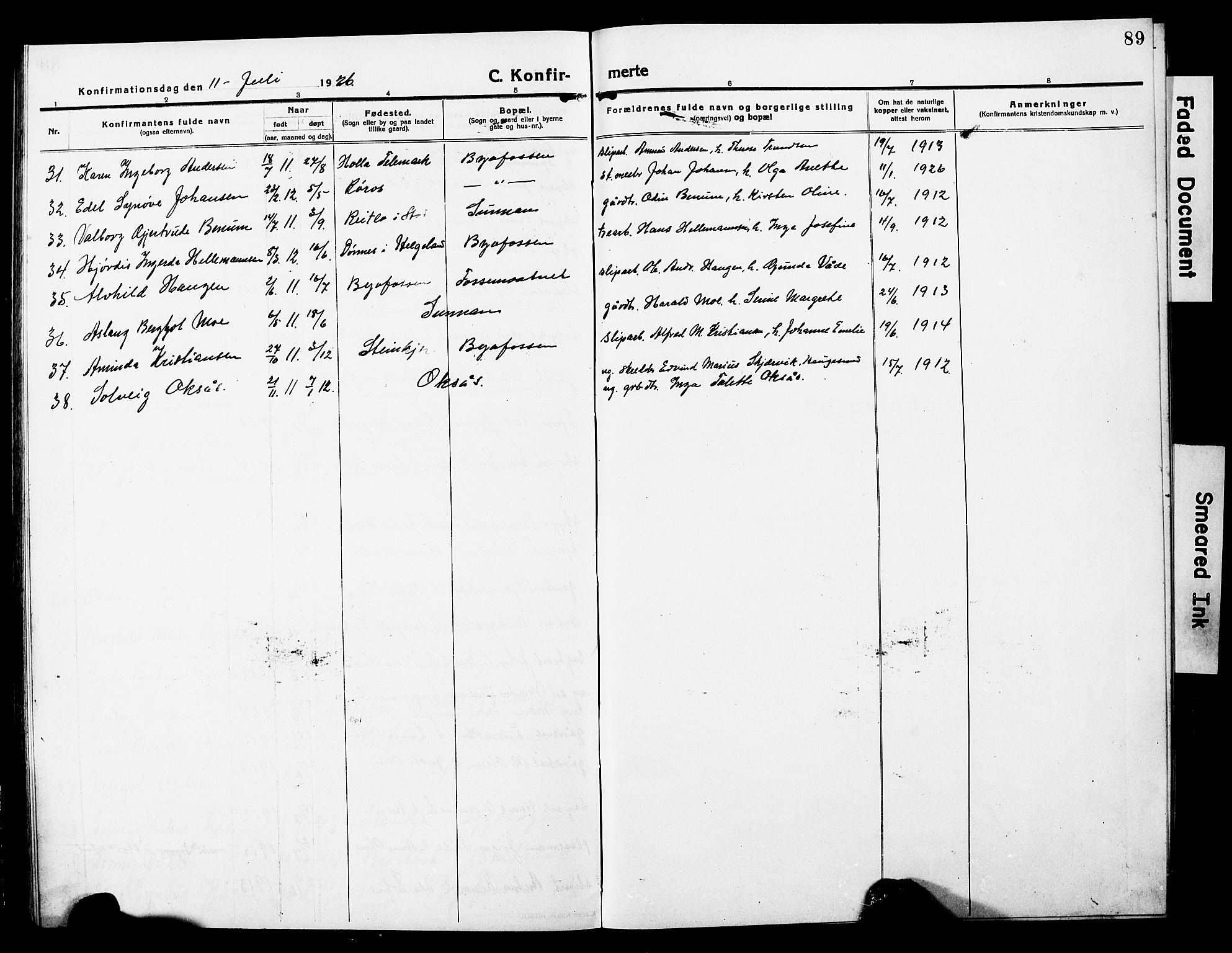 Ministerialprotokoller, klokkerbøker og fødselsregistre - Nord-Trøndelag, SAT/A-1458/740/L0382: Parish register (copy) no. 740C03, 1915-1927, p. 89
