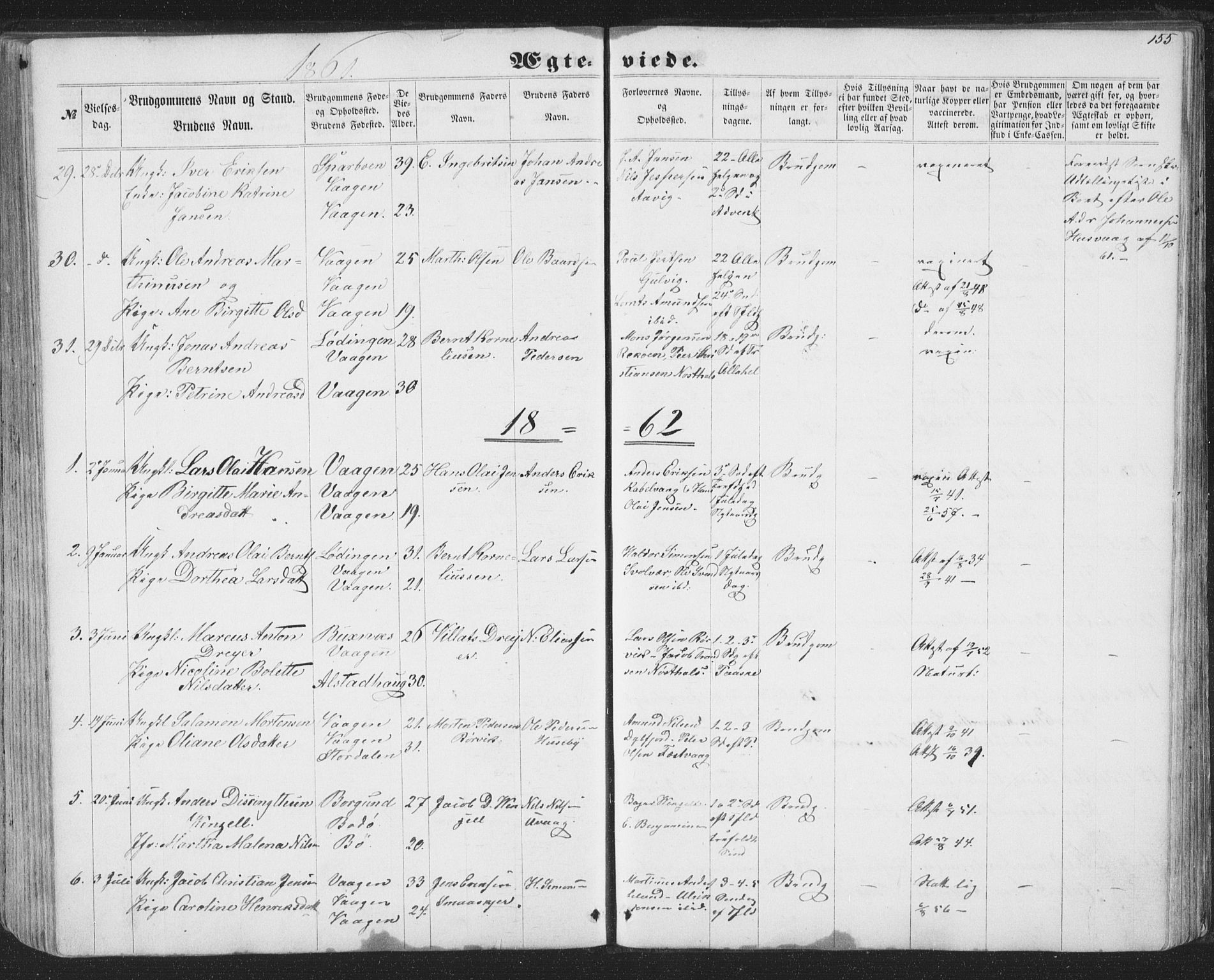 Ministerialprotokoller, klokkerbøker og fødselsregistre - Nordland, AV/SAT-A-1459/874/L1073: Parish register (copy) no. 874C02, 1860-1870, p. 155