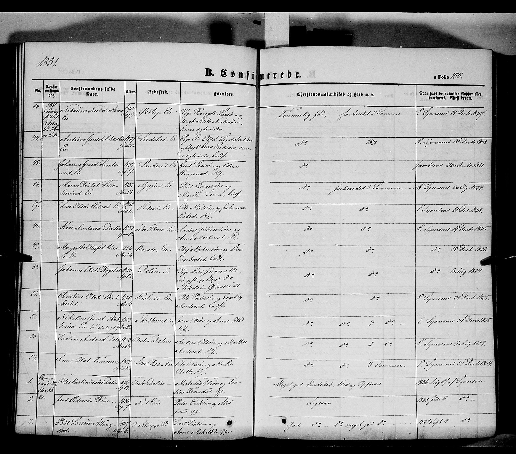 Stange prestekontor, SAH/PREST-002/K/L0011: Parish register (official) no. 11, 1846-1852, p. 155