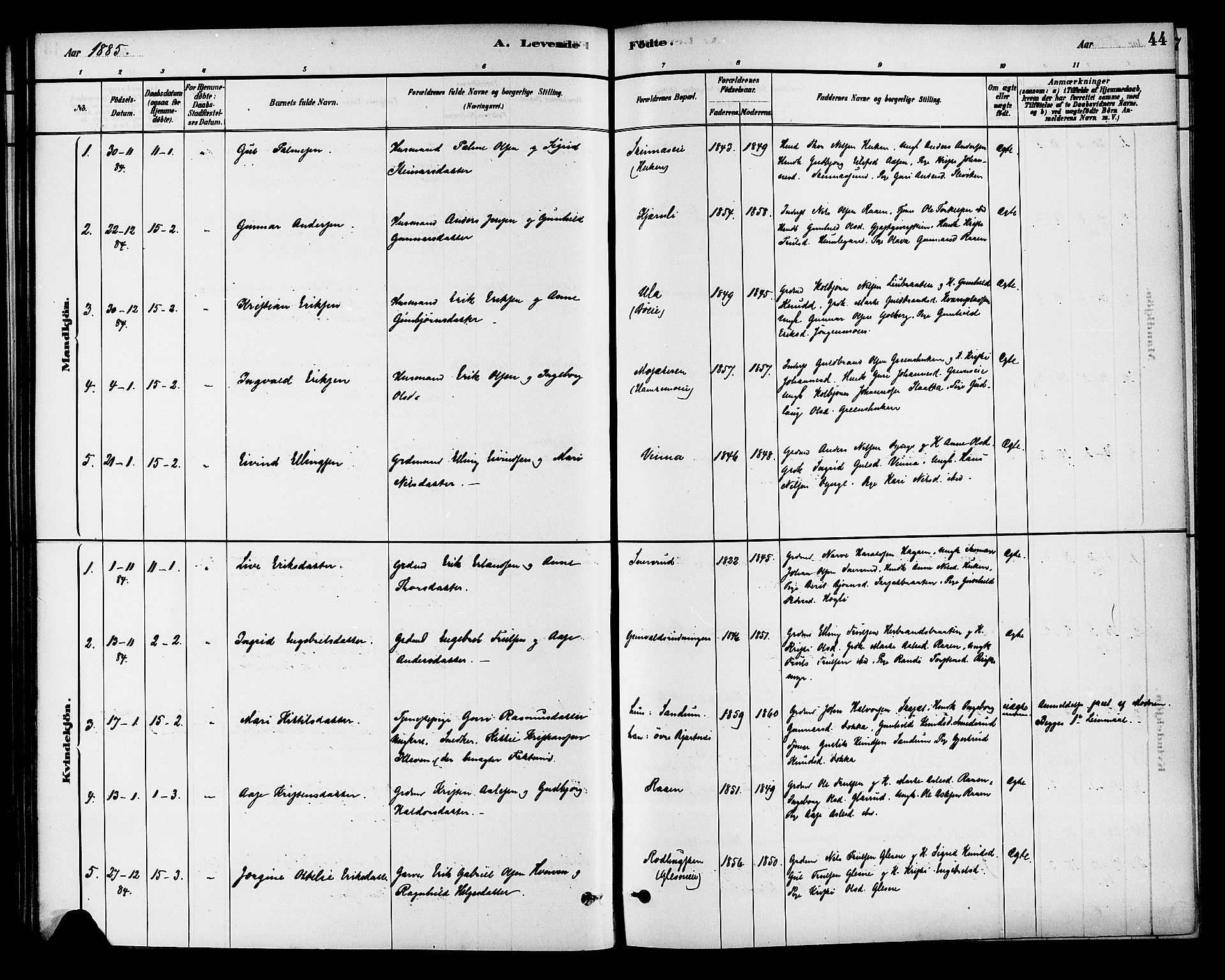 Krødsherad kirkebøker, SAKO/A-19/G/Ga/L0001: Parish register (copy) no. 1, 1879-1893, p. 44
