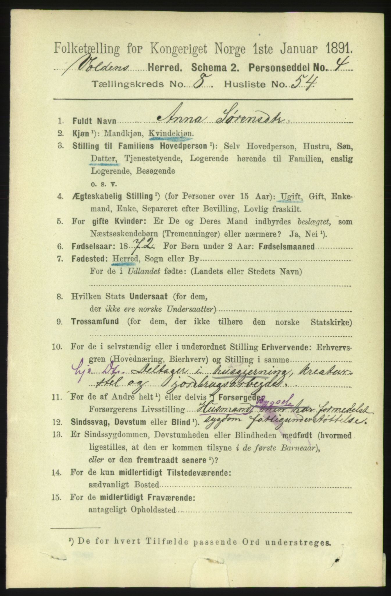 RA, 1891 census for 1519 Volda, 1891, p. 4176