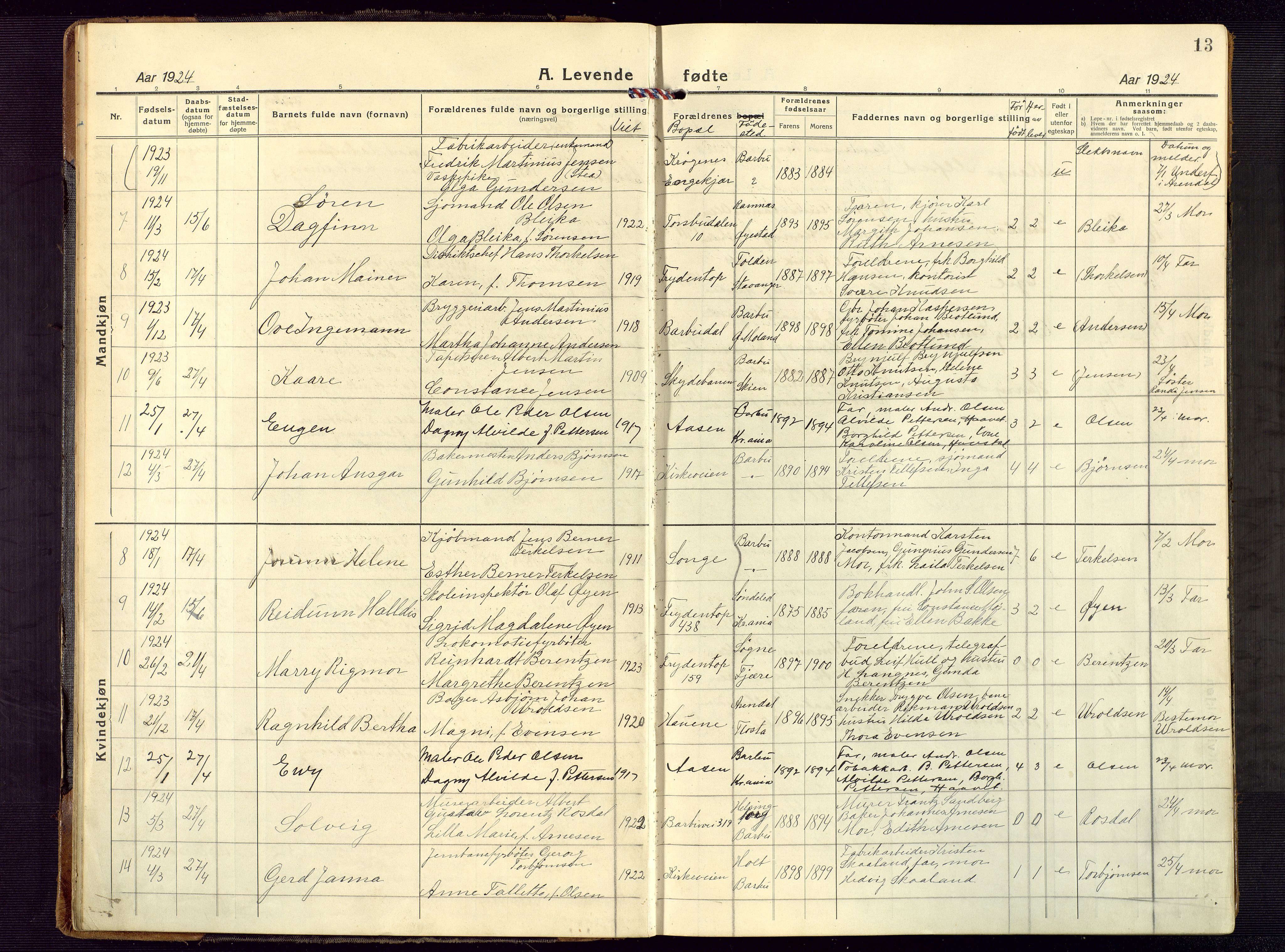 Barbu sokneprestkontor, AV/SAK-1111-0003/F/Fb/L0005: Parish register (copy) no. B 5, 1923-1946, p. 13