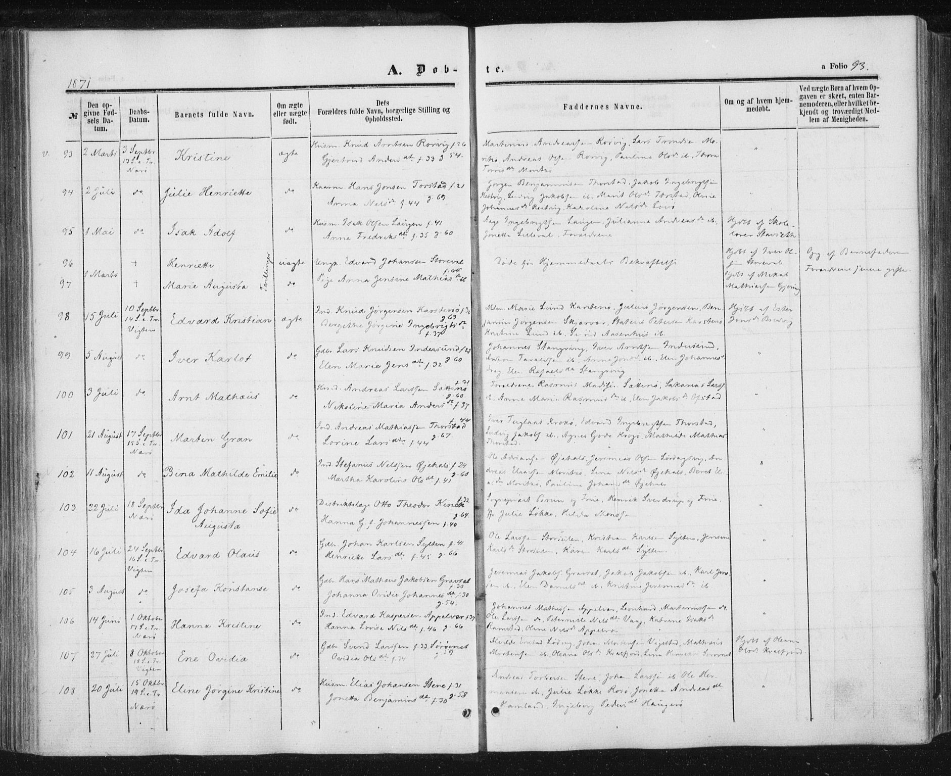 Ministerialprotokoller, klokkerbøker og fødselsregistre - Nord-Trøndelag, AV/SAT-A-1458/784/L0670: Parish register (official) no. 784A05, 1860-1876, p. 93