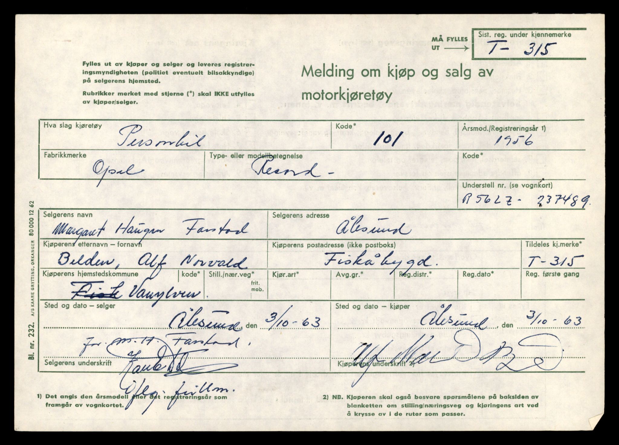 Møre og Romsdal vegkontor - Ålesund trafikkstasjon, SAT/A-4099/F/Fe/L0003: Registreringskort for kjøretøy T 232 - T 340, 1927-1998, p. 3024