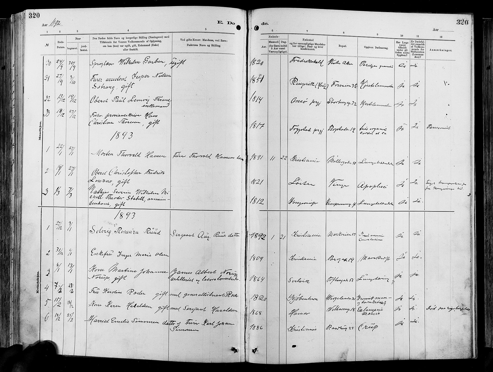 Garnisonsmenigheten Kirkebøker, SAO/A-10846/F/Fa/L0012: Parish register (official) no. 12, 1880-1893, p. 320